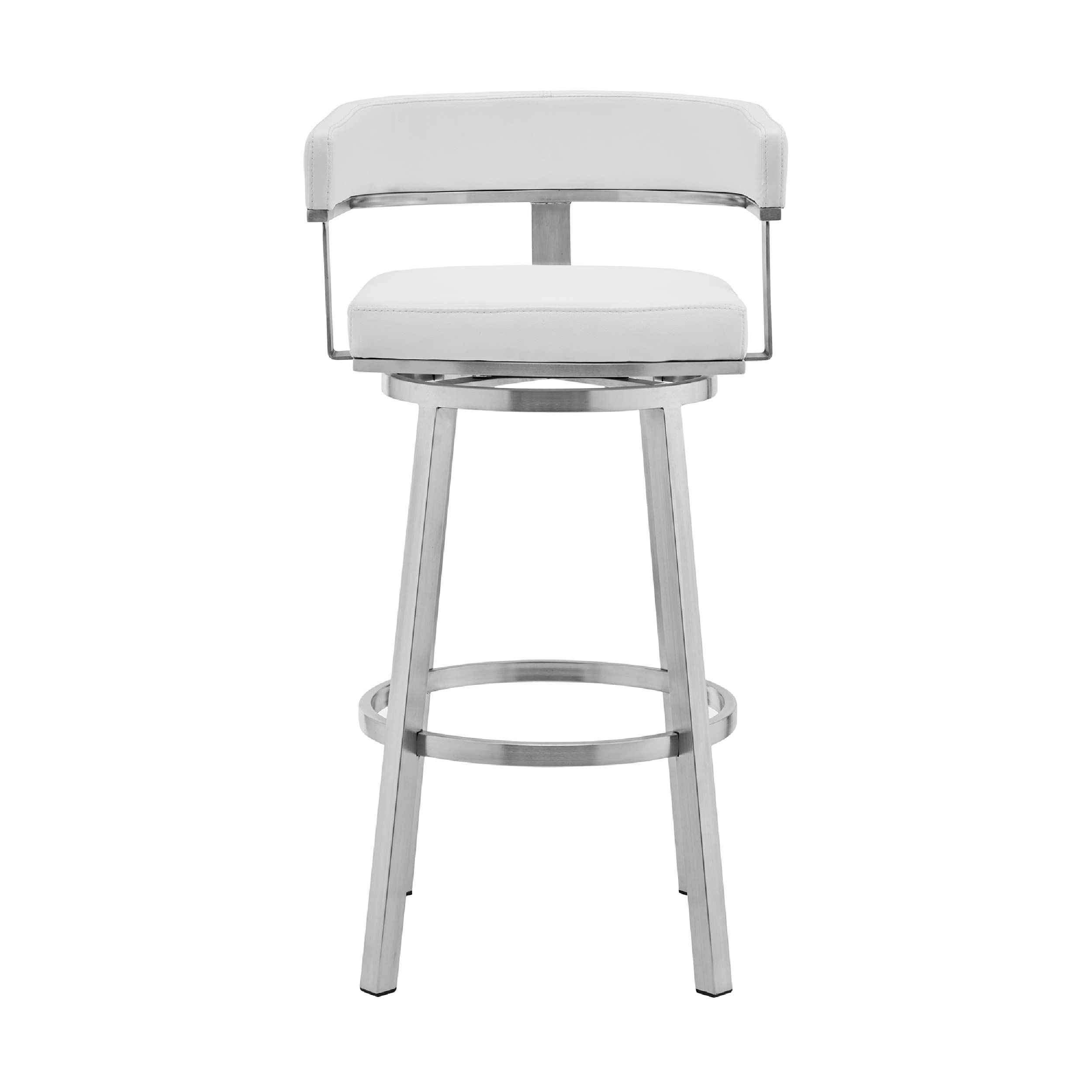 Benjara Swivel Barstool with Open Curved Back and Metal Legs, White and Silver