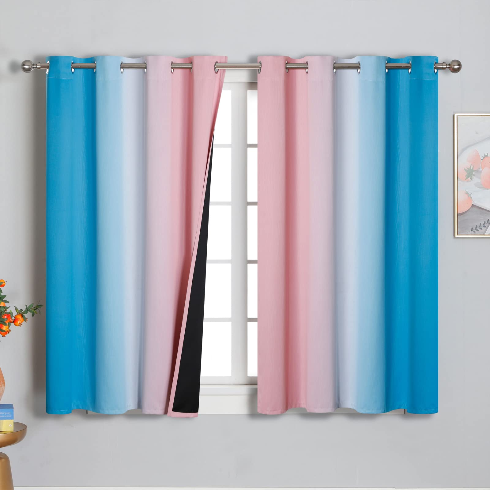 Ombre Pink And Blue Blackout Curtains 54 Inches Long, Full Light Blocking Curtains For Bedroom, Wavy Line Pattern Grommet Therma