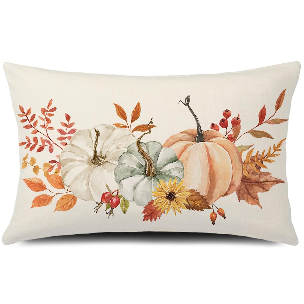 Gtext Fall Pillow Cover Autumn Decor Pumpkins Fall Leaves Throw Pillow Cover 12X20 Inch Farmhouse Outdoor Pillow Linen Lumbar Cu