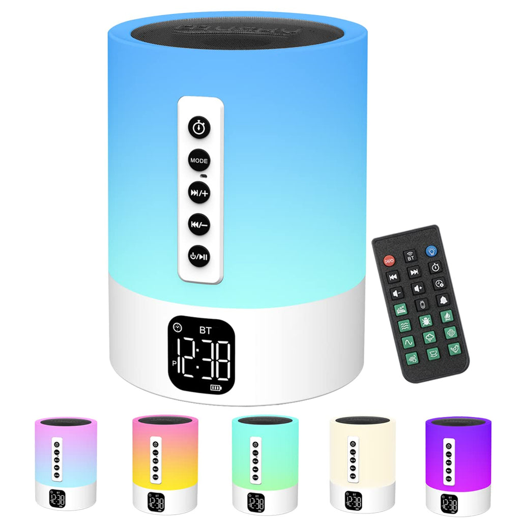 Alarm Clock Bluetooth Speaker, Night Light White Noise Machine Touch Bedside Lamp with Alarm Clock for Kids Multi-Color Changing