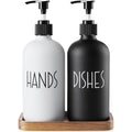 ALELION Glass Dish Soap Dispenser for Kitchen - 16 OZ Hand Soap Dispenser Set with Pump and Acacia Wood Tray - Black White Moder