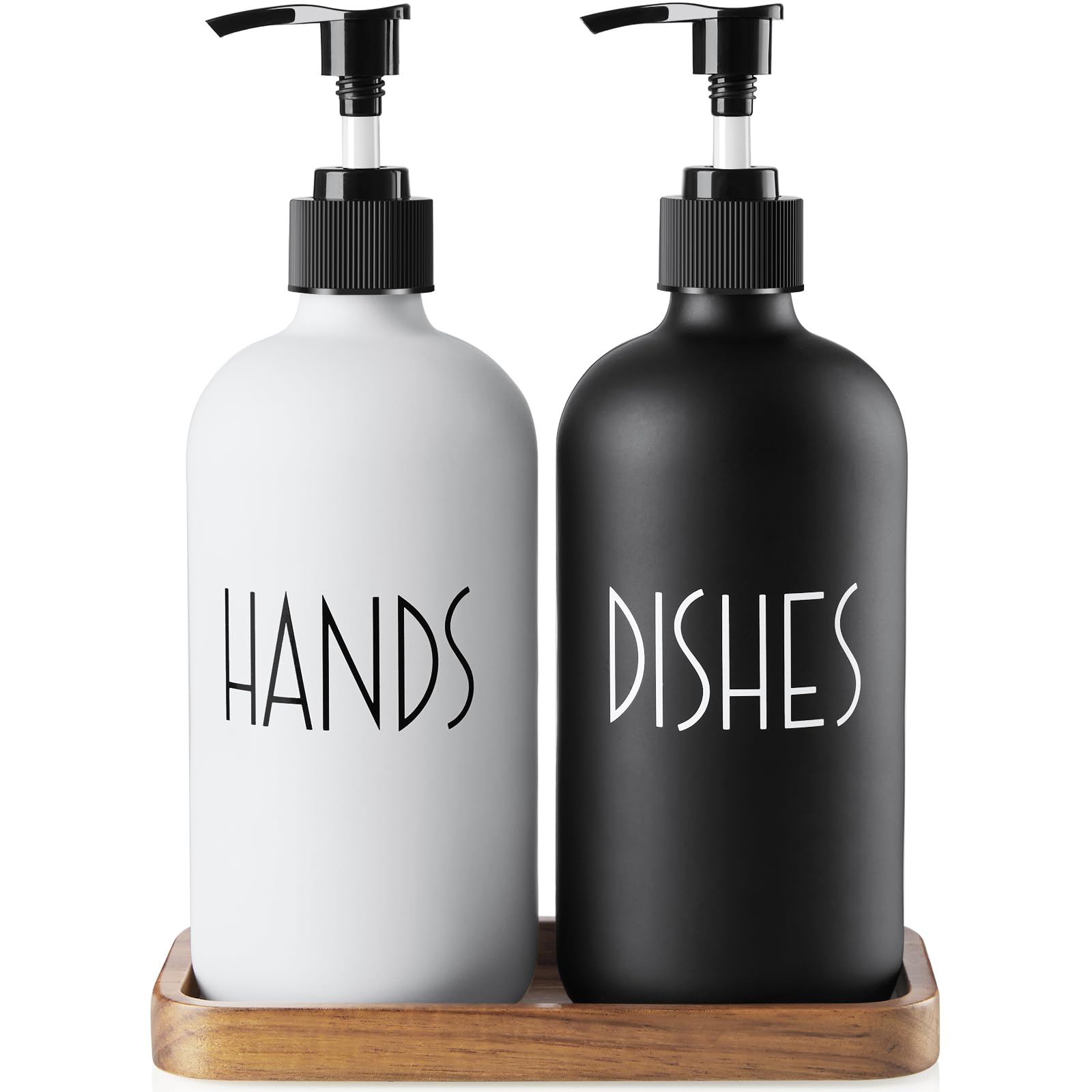 ALELION Glass Dish Soap Dispenser for Kitchen - 16 OZ Hand Soap Dispenser Set with Pump and Acacia Wood Tray - Black White Moder