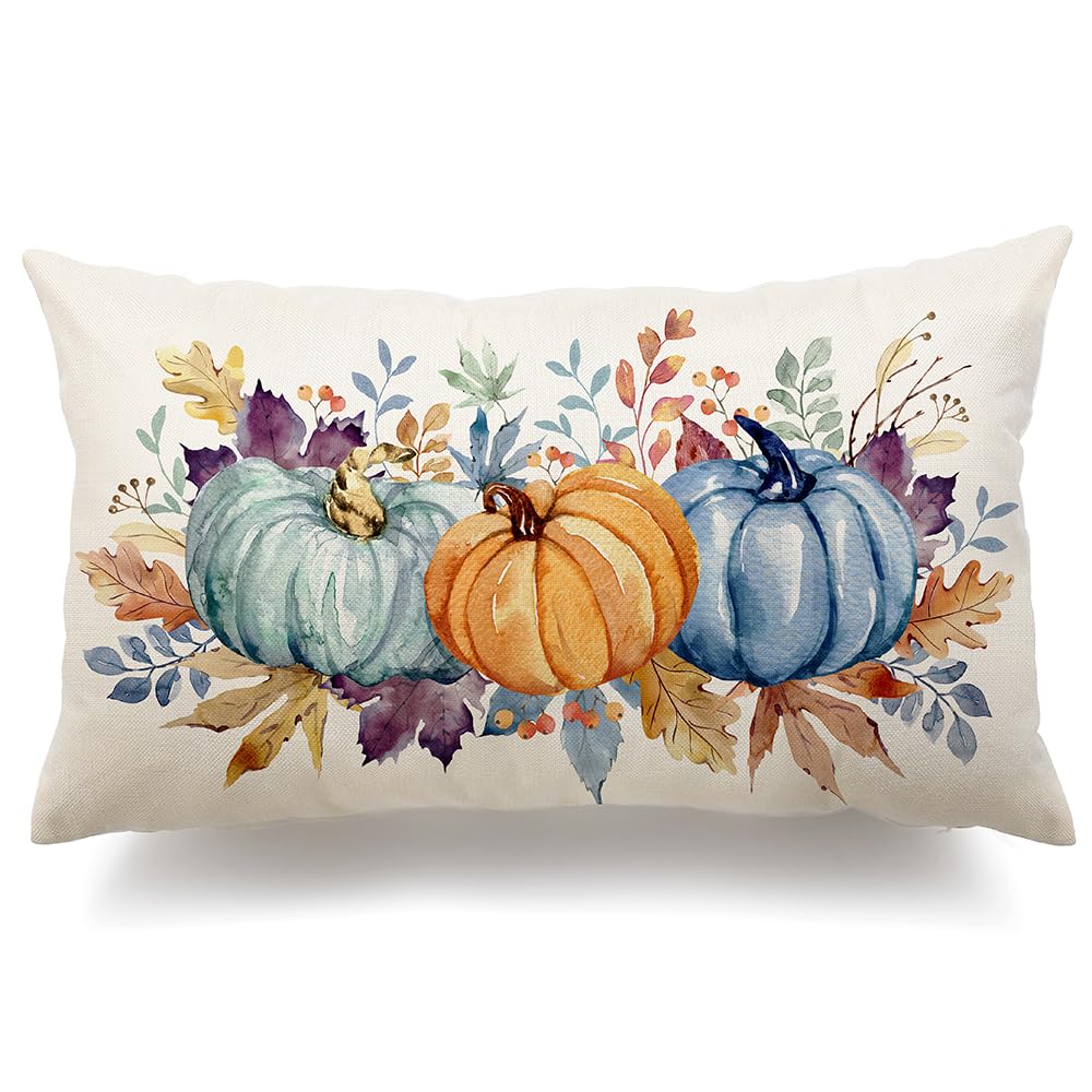 DFXSZ Fall Pillow Covers 12x20 Inch Fall Thanksgiving Orange Blue Green Pumpkin Maple Leaf Lumbar Pillow Covers Polyester Fall D