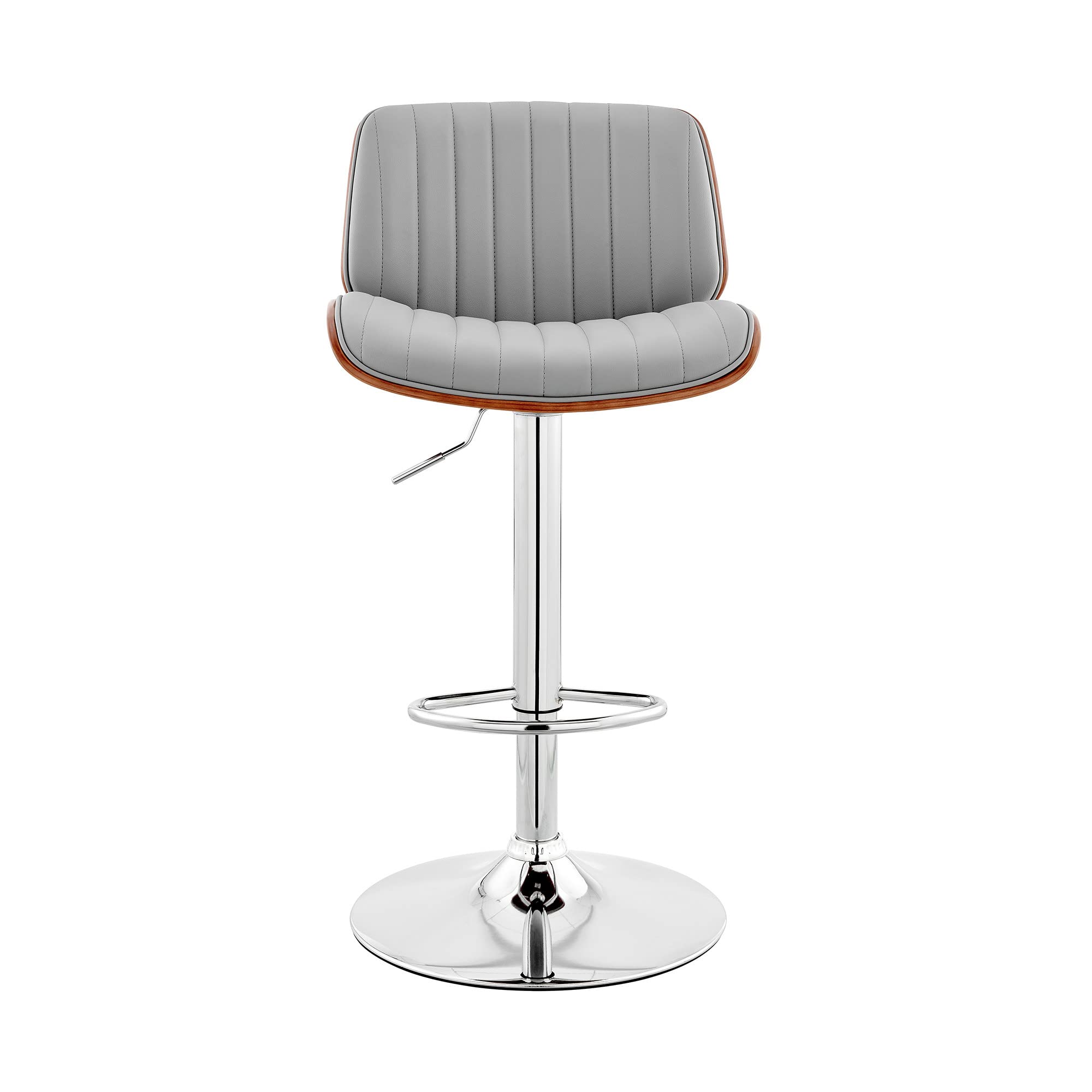 HomeRoots Metal/Plywood/Faux Leather Adjustable Gray Faux Leather Chrome and Walnut Bar Stool
