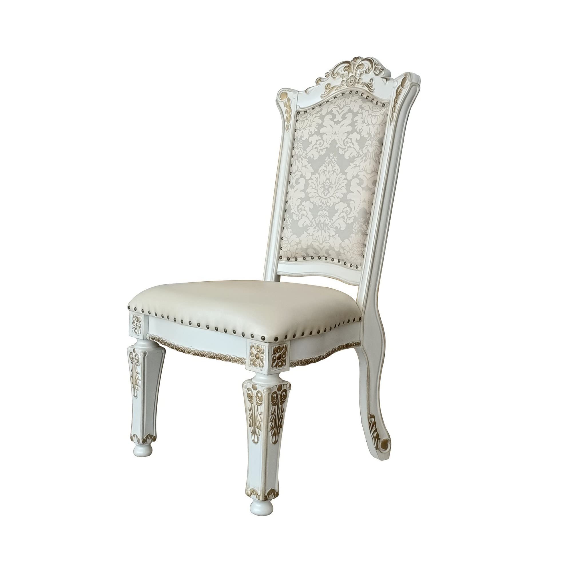 Benjara Jess 27 Inch Dining Chair, Soft Cushion Back, Set of 2 Faux Leather, White and Gold