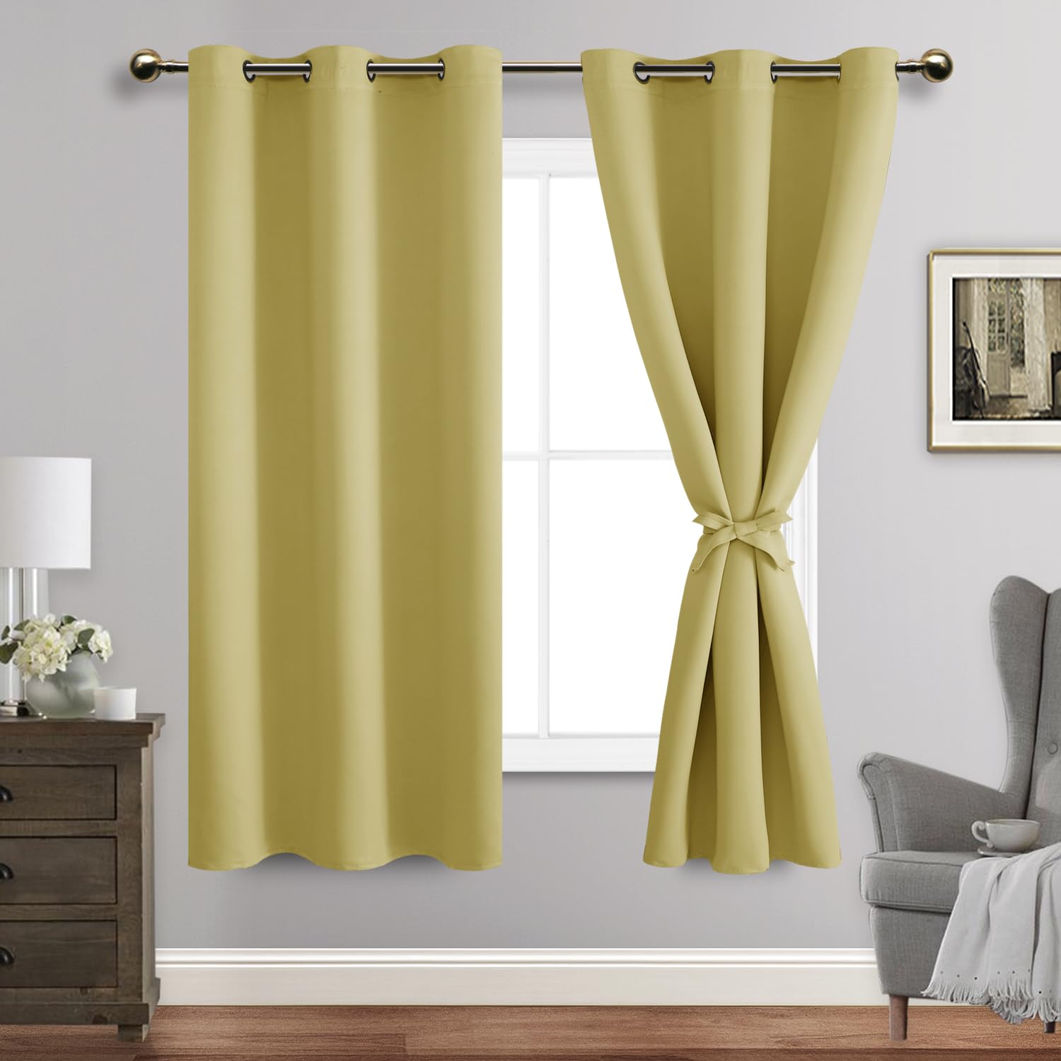 Jiuzhen Light Yellow Blackout Curtains For Bedroom - Light Blocking And Noise Reducing Grommet Curtains For Living Room Darkening Curtains, Set Of 2 Window Curtain Panels, 42 X 63 Inch Length
