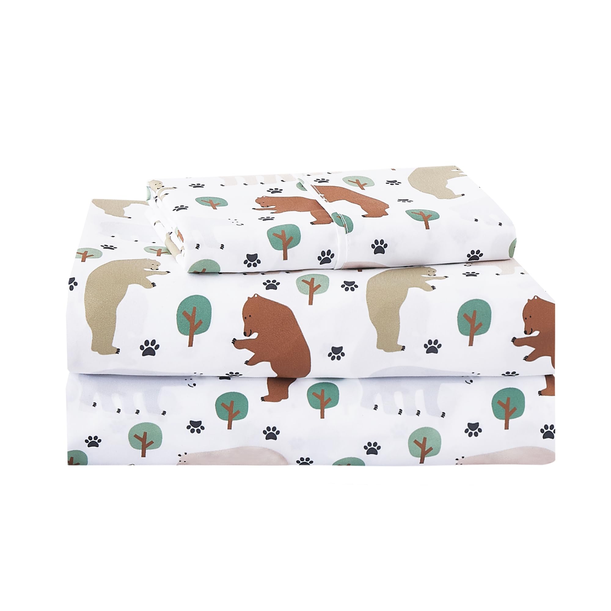 lasoftan Kids Sheet Set Twin Size, Twin Sheet Set with Forest Bear Pattern,Breathable Silky Soft Microfiber Kids Fitted Sheet