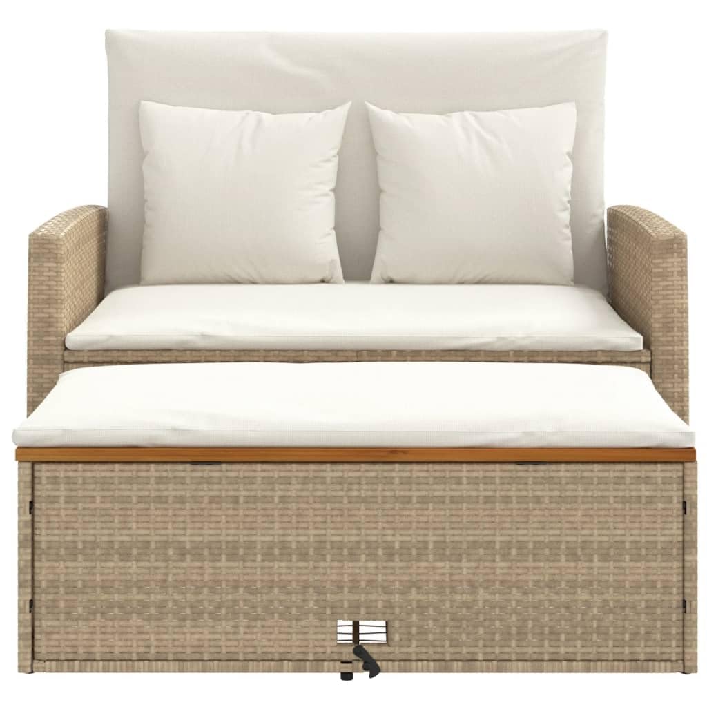 vidaXL Patio Sofa with Cushions - 2-Seater Beige Poly Rattan & Acacia Wood - Convertible Bench/Sofa Bed - Outdoor Garden Deck Furniture with Footstool & Storage