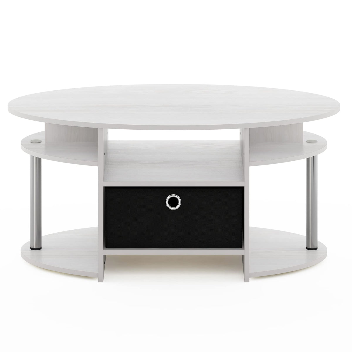 Furinno Jaya Simple Design Oval Coffee Table With Bin For Living Room, White Oak/Chrome/Black