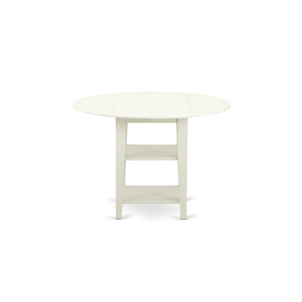 East West Furniture SUAD3-LWH-LC 3 Piece Dining Set Contains a Round Dining Room Table with Dropleaf & Shelves and 2 Faux Leather Upholstered Chairs, 42x42 Inch, Linen White