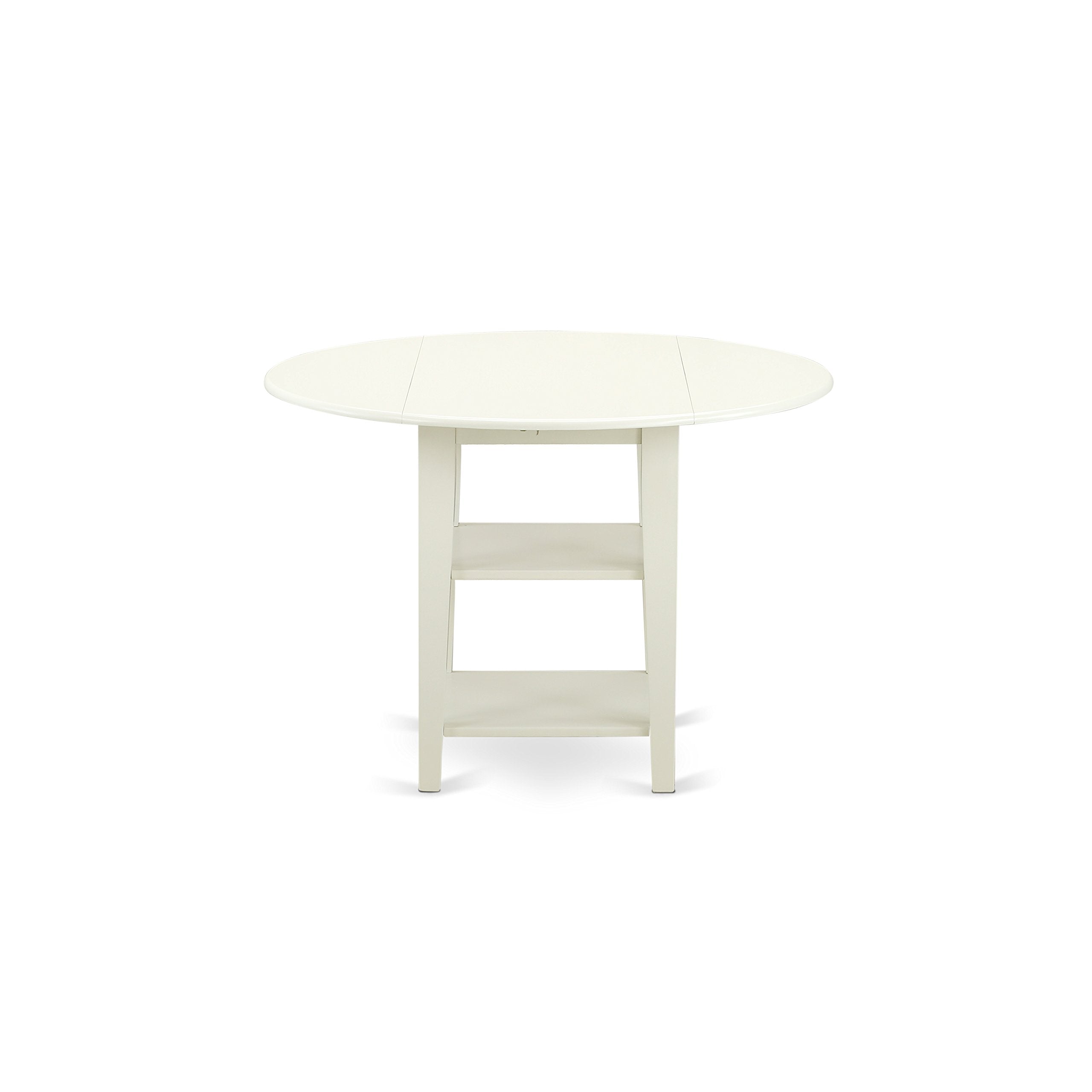 East West Furniture SUAD3-LWH-LC 3 Piece Dining Set Contains a Round Dining Room Table with Dropleaf & Shelves and 2 Faux Leather Upholstered Chairs, 42x42 Inch, Linen White