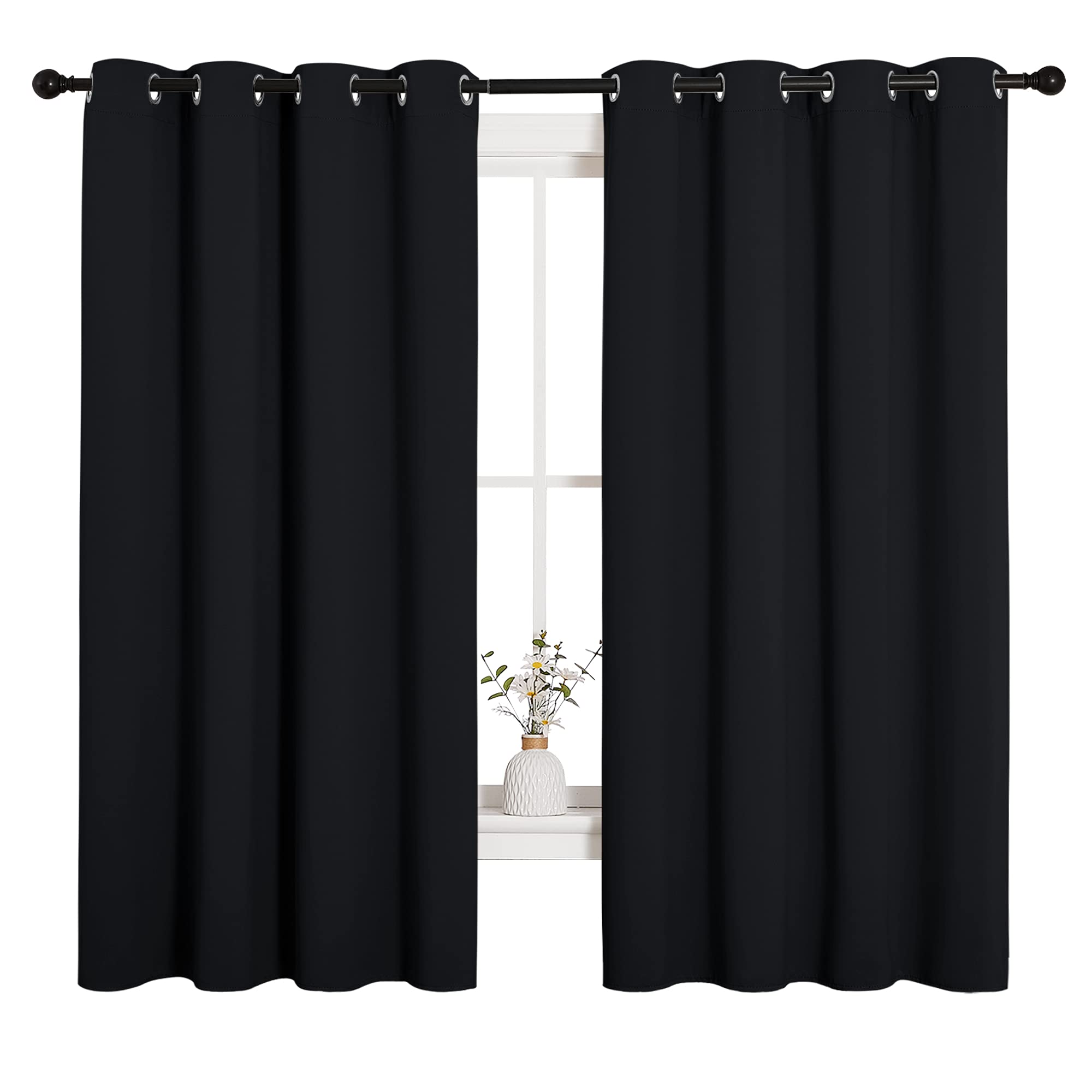 NICETOWN Halloween Bathroom Blackout Curtains and Drapes, Black Solid Thermal Insulated Grommet Blackout Drapery Panels for Wind