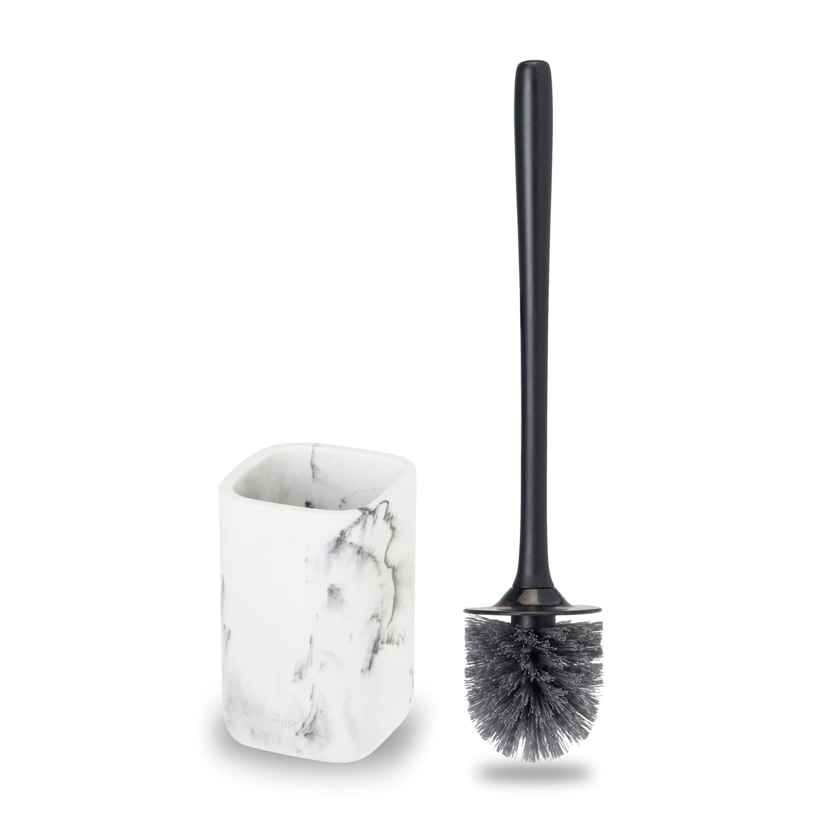 Vigar Zense Toilet Brush and Holder Set, Polyresin Stone, White Marble