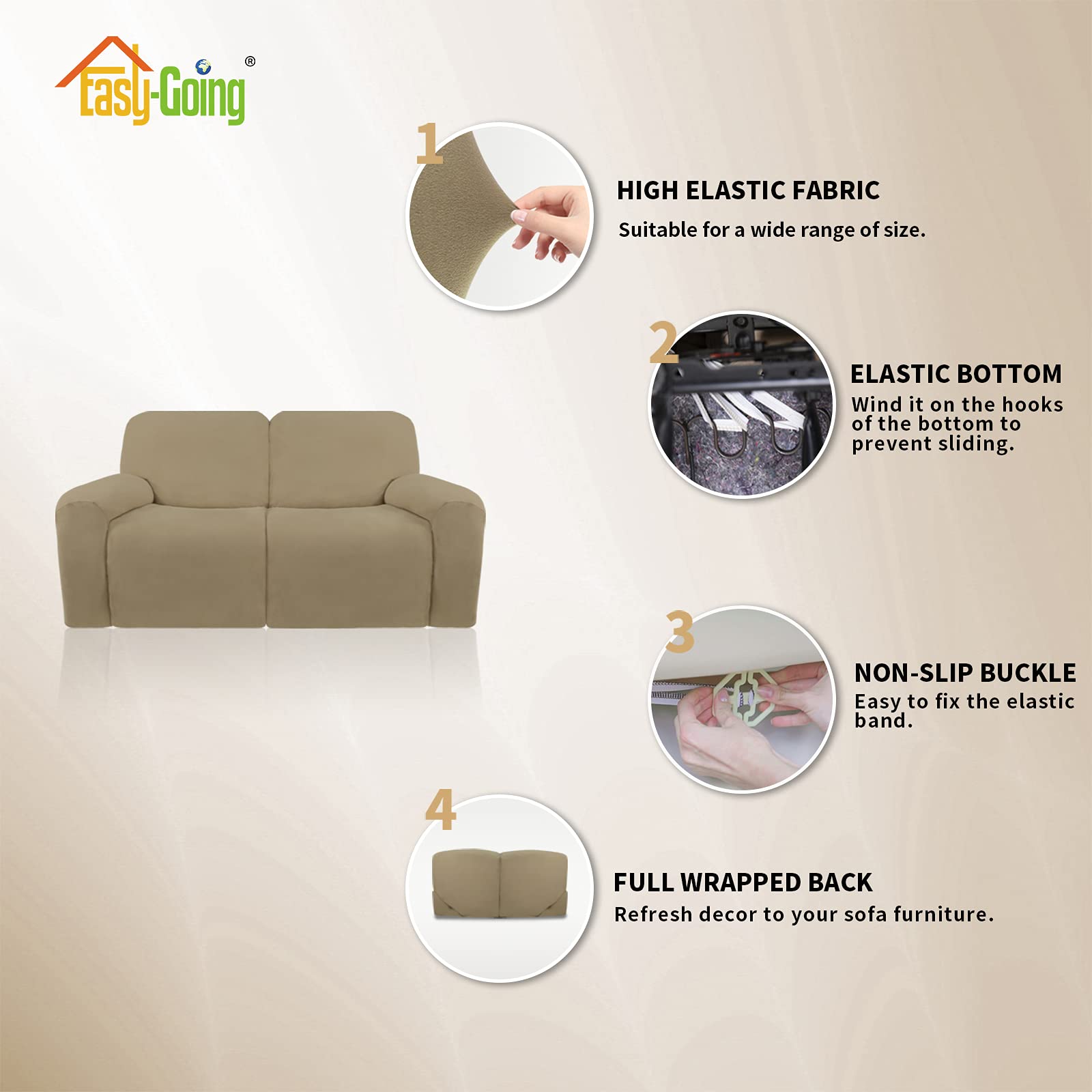 Easy-Going Oversized 6 Pieces Microfiber Stretch Sectional Recliner Loveseat Sofa Slipcover Soft Fitted Fleece 2 Seats Couch Cover Washable Furniture Protector With Elasticity For Kids Pet Tan