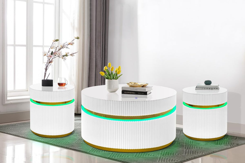 LILOLA LIVING Tavita 3-Piece Round Coffee Table Set with Glass Top and LED Lights
