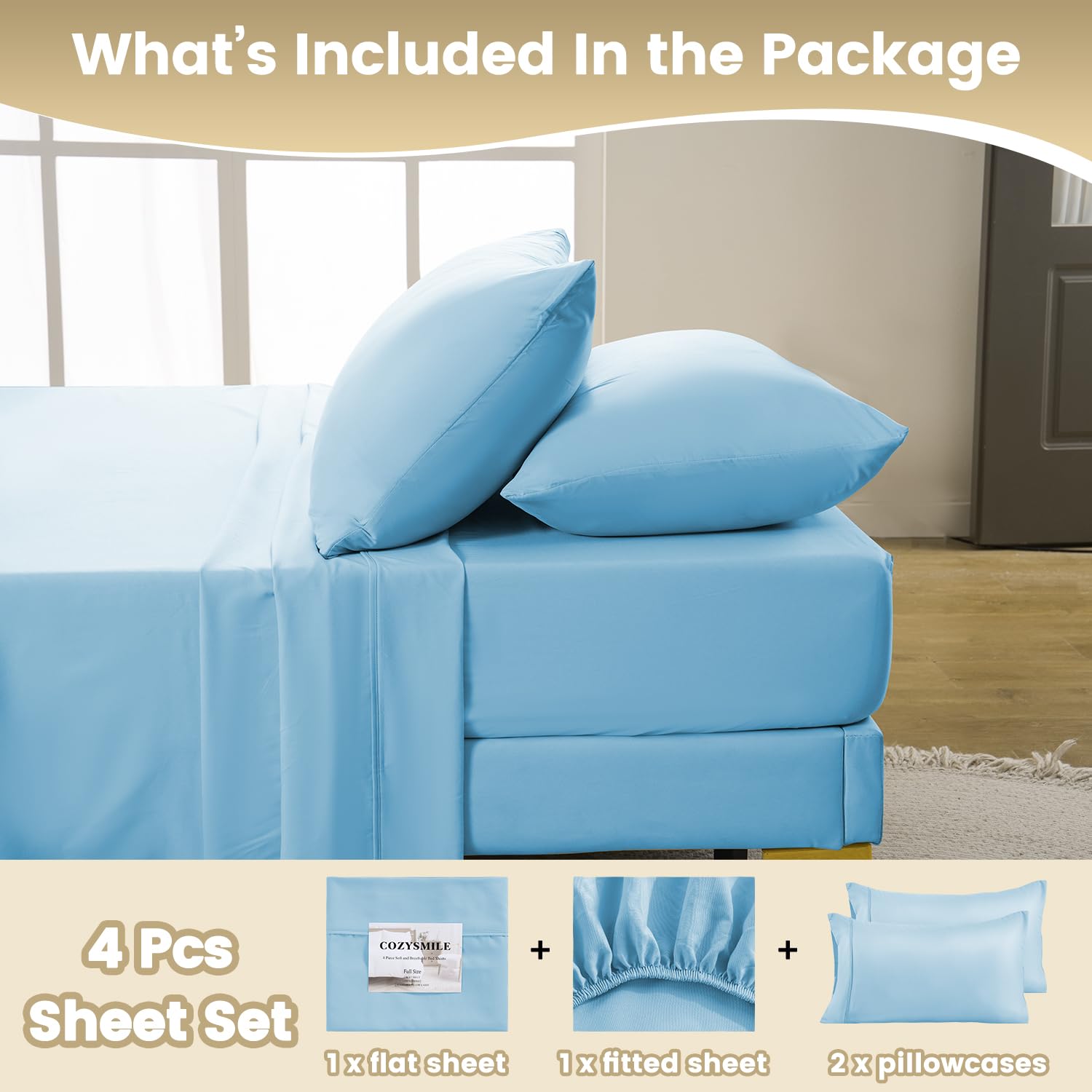 Cozysmile California King Sheet Set - Luxury 4 Piece Breathable Soft Sheets For King Size Bed, 16'' Deep Pocket Wrinkle Free Coo