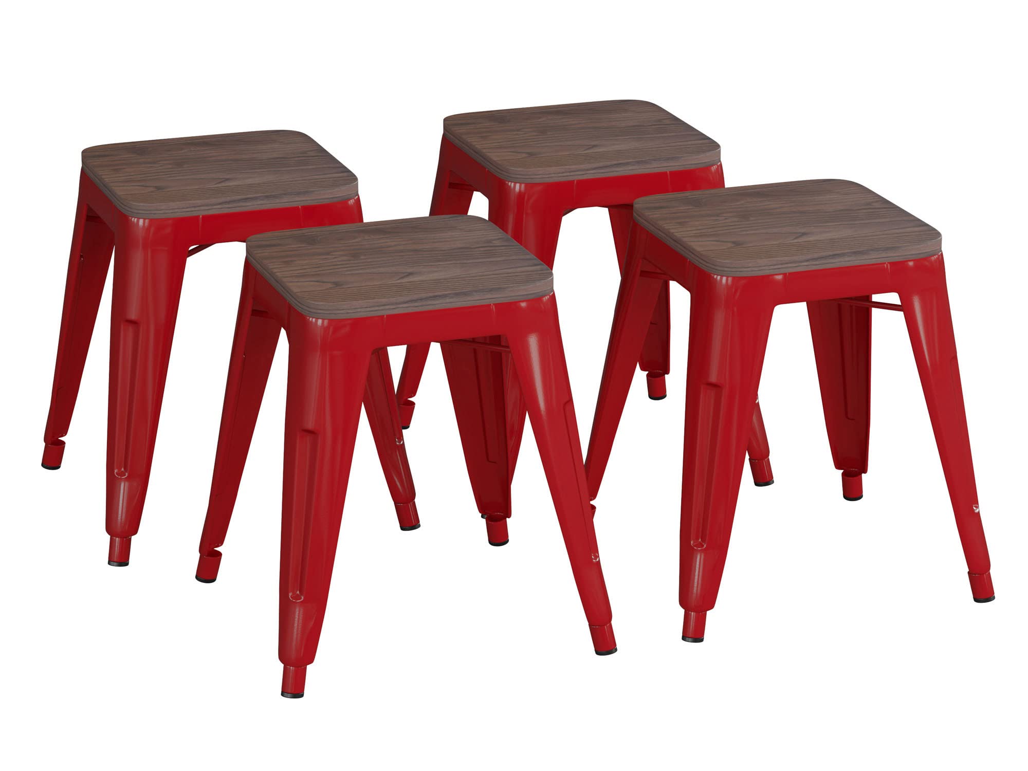 Flash Furniture Metal Dining Table Height Stool with Wooden Seat Set of 4 - Backless Red Kai Commercial Grade Stool - Kai 18" Stackable Dining Chairs