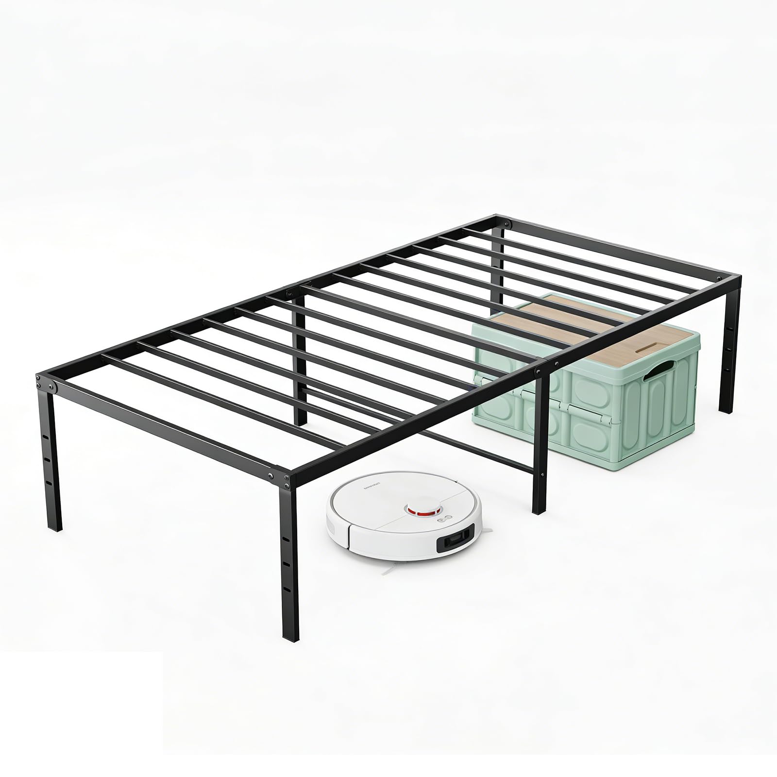 Sweetcrispy Twin Size 18 Inch Platform Bed Frame, Heavy Duty Metal Foundation Frame, Noise-Free Sturdy Steel Slats, Underbed Sto