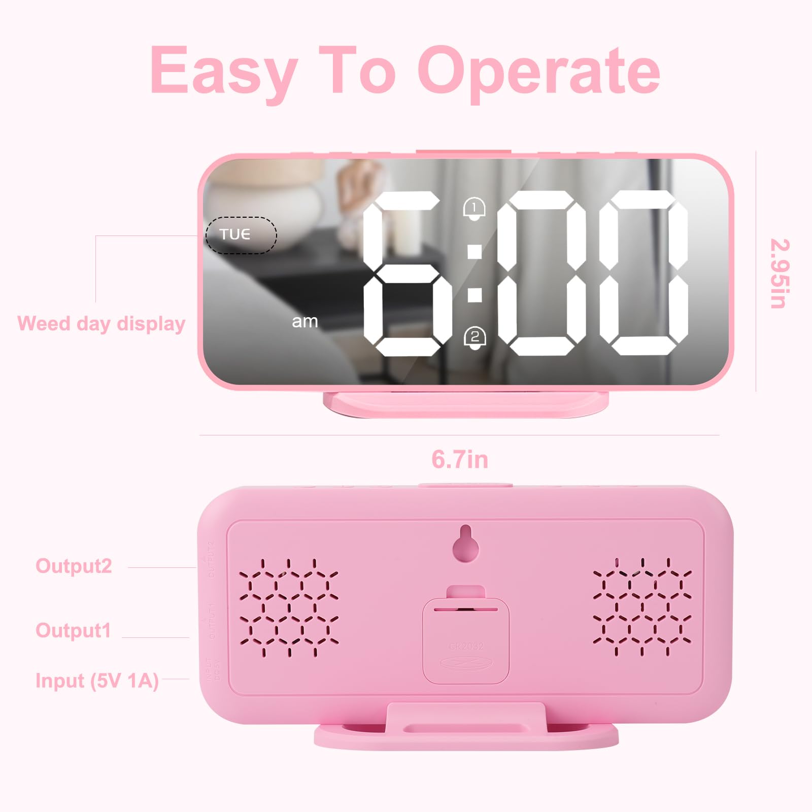 Alanas Digital Alarm Clock With Dual Alarms, Mirror Led Bedroom Alarm Clocks For Kids, Adjustable Brightness, Snooze, 2 Usb Port