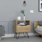 Nightstand 22&Quot; H, 1 Open Shelf, Single Door Cabient, Hairpin Legs, Light Oak