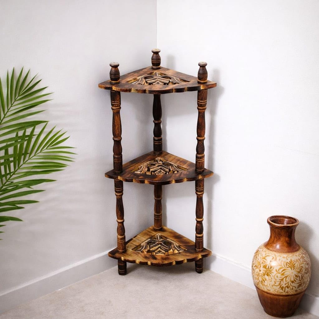 Wooden 3Tier Corner Stand  Handmade Mini Corner Shelf for Bedroom, Living Room & Office, Multipurpose Wooden Side Rack, 25Inc