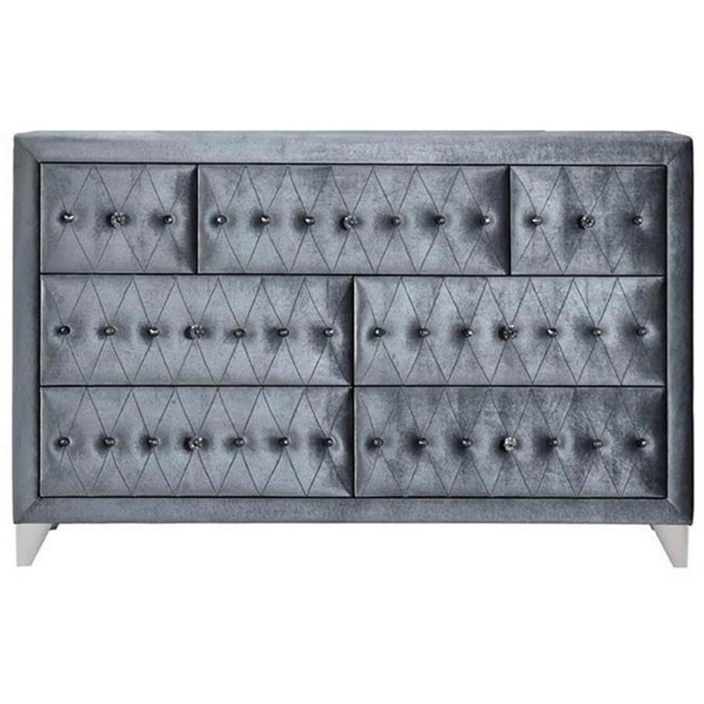 Acme Dante Crystal-Like Knob Velvet Upholstered 7-Drawer Dresser in Gray