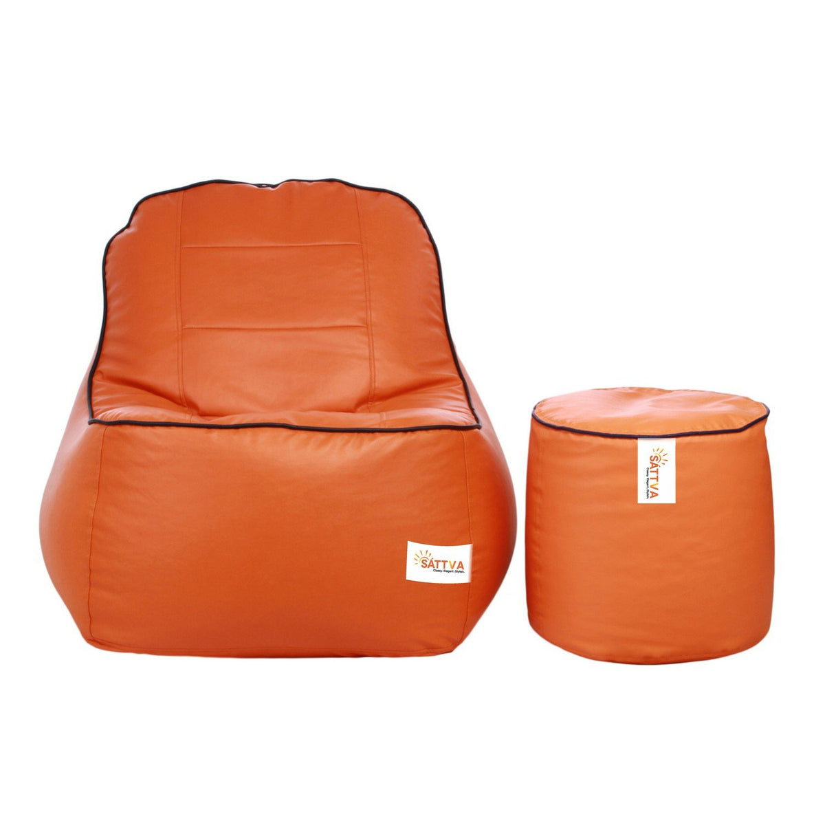 Sattva Combo Rester Bean Bag Cover and Round Footstool Cover (Without Beans) Orange with Brown Piping