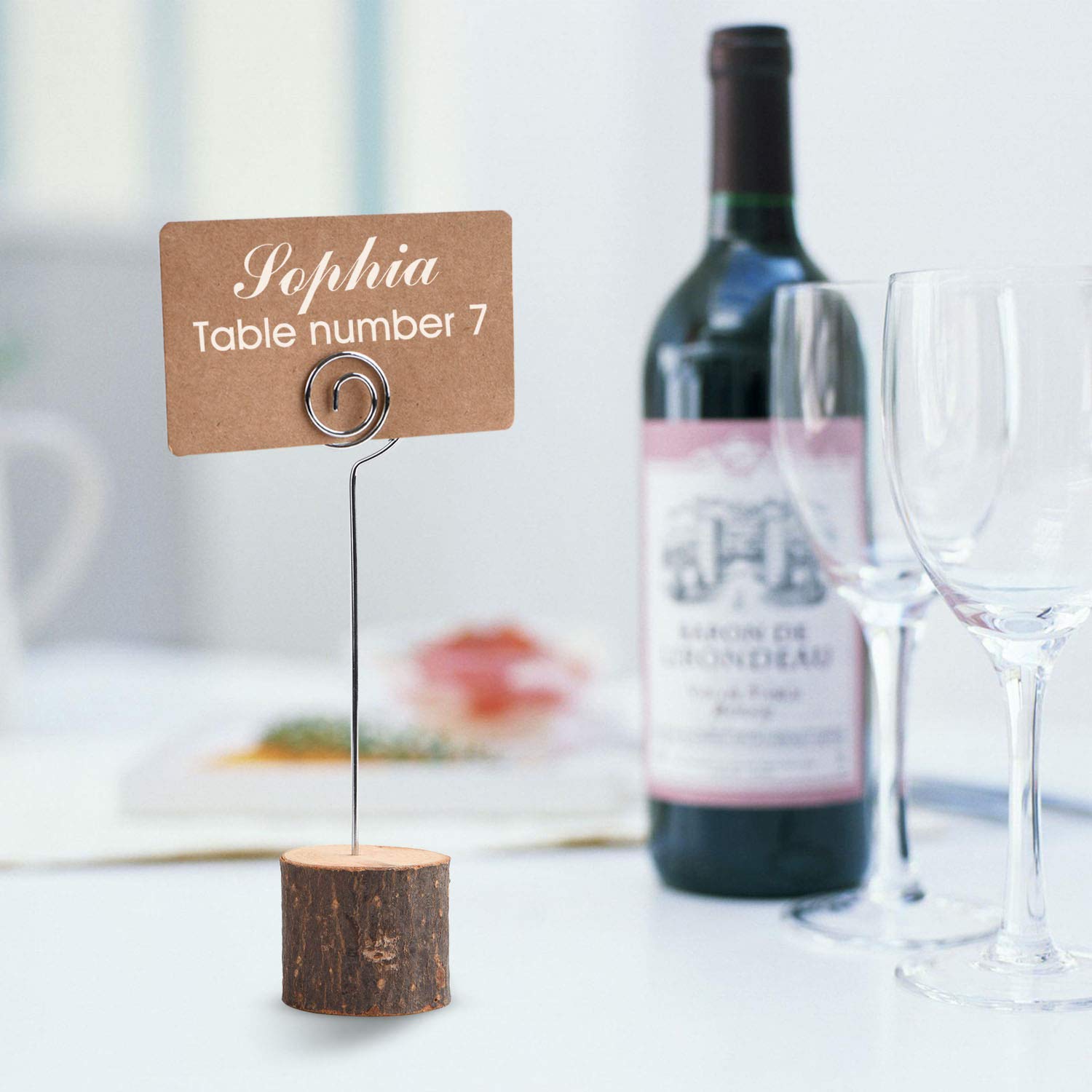 Toncoo 10Pcs Premium Wood Place Card Holders With Swirl Wire And 20 Pcs Kraft Place Cards, Rustic Wood Table Number Holders Stan