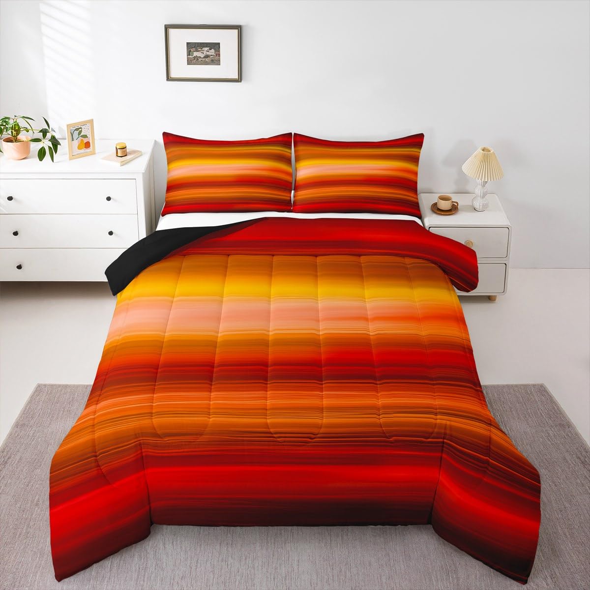 Orange Red Print Comforter Set Gradient Orange Bedding Set Romantic Color Comforter For Children Kids Boys Girls Microfiber Yell