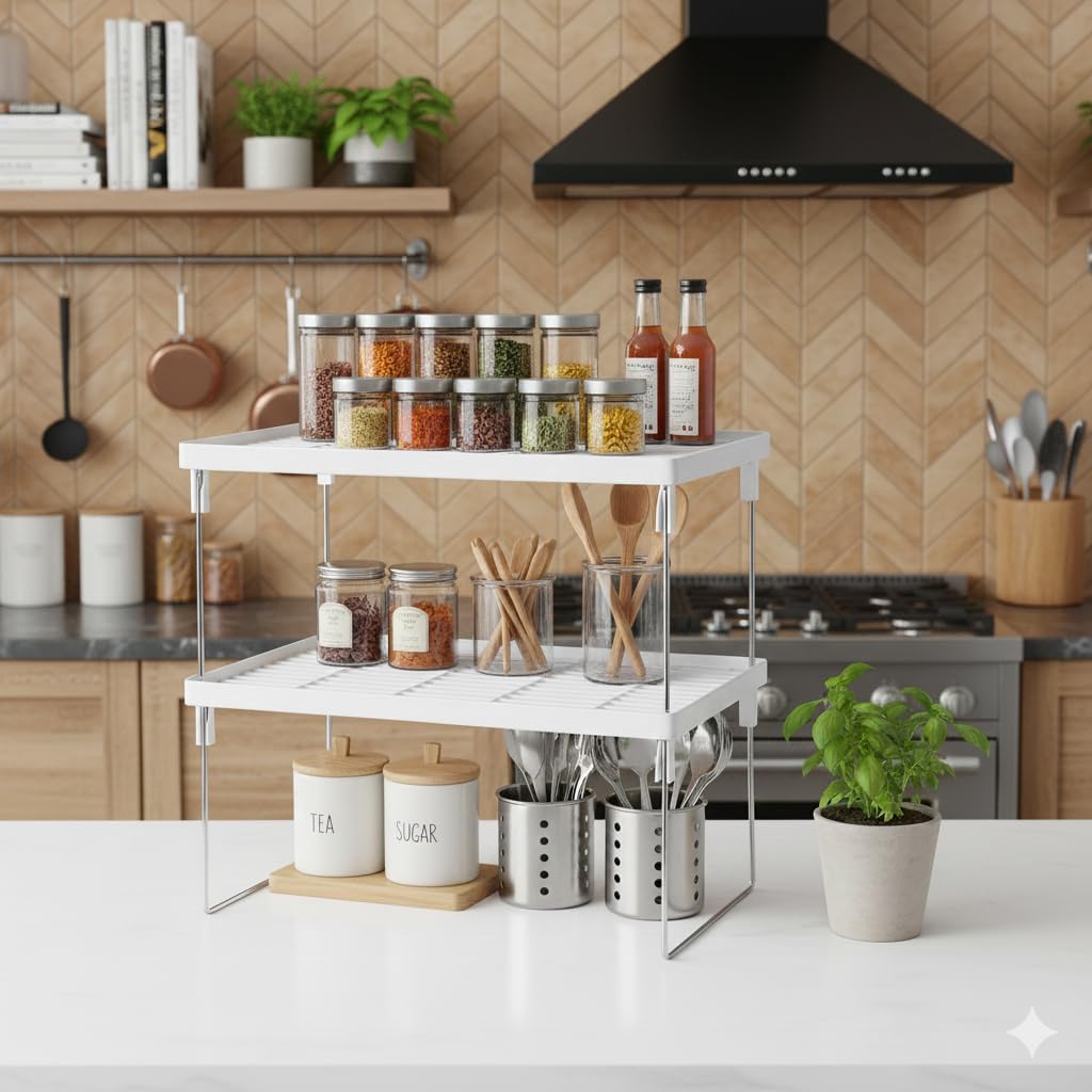 Appeasy Kitchen Counter Shelf Organiser, Kitchen Stackable Storage Organizer,Plastic Folding Rack2Tier, 40X24.5X18.5 Cm, White