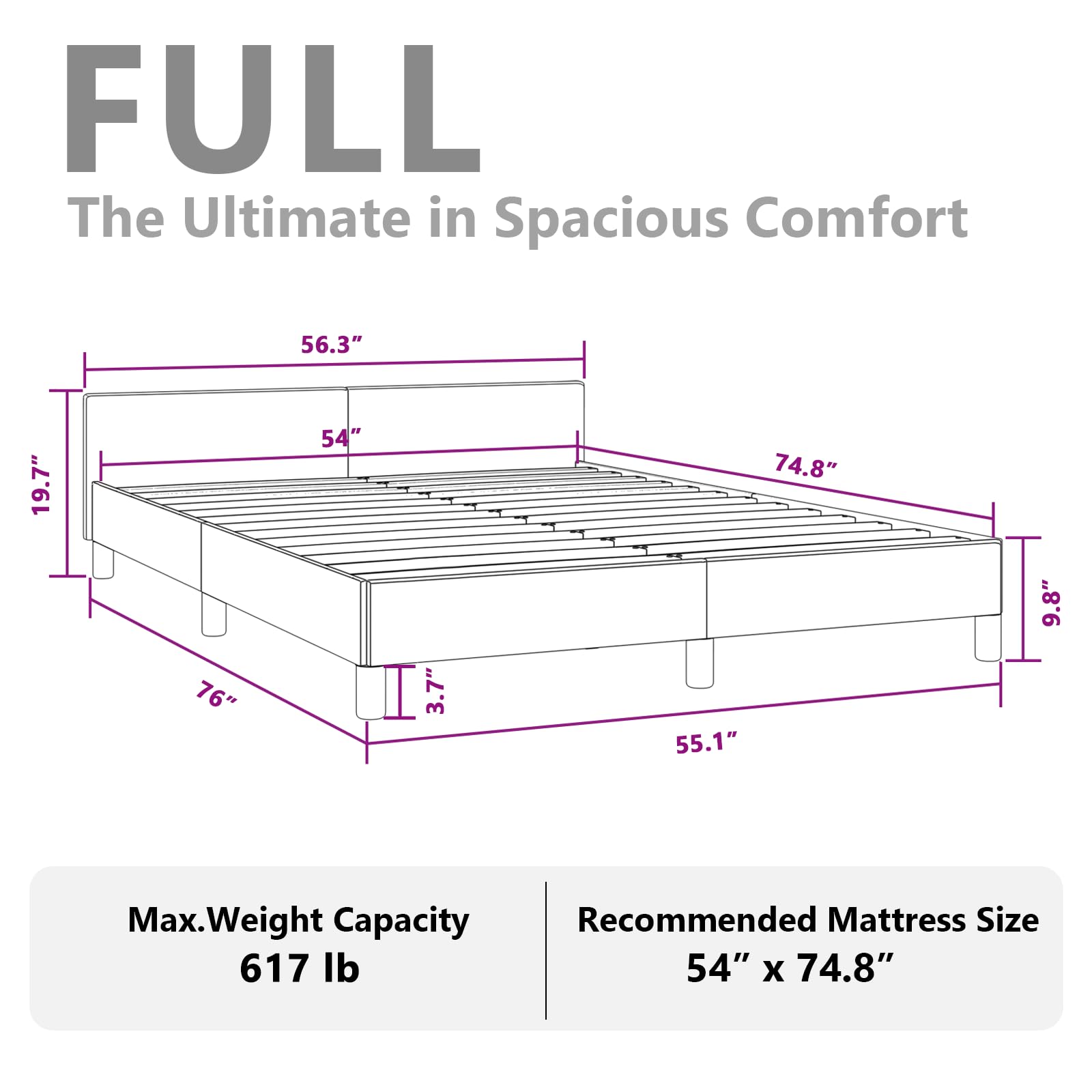 vidaXL Faux Leather Bed Frame Platform Bed, Scandinavian Style/Slats Support/No Box Spring Needed/Without Mattress/Easy Assembly, White Full Bed