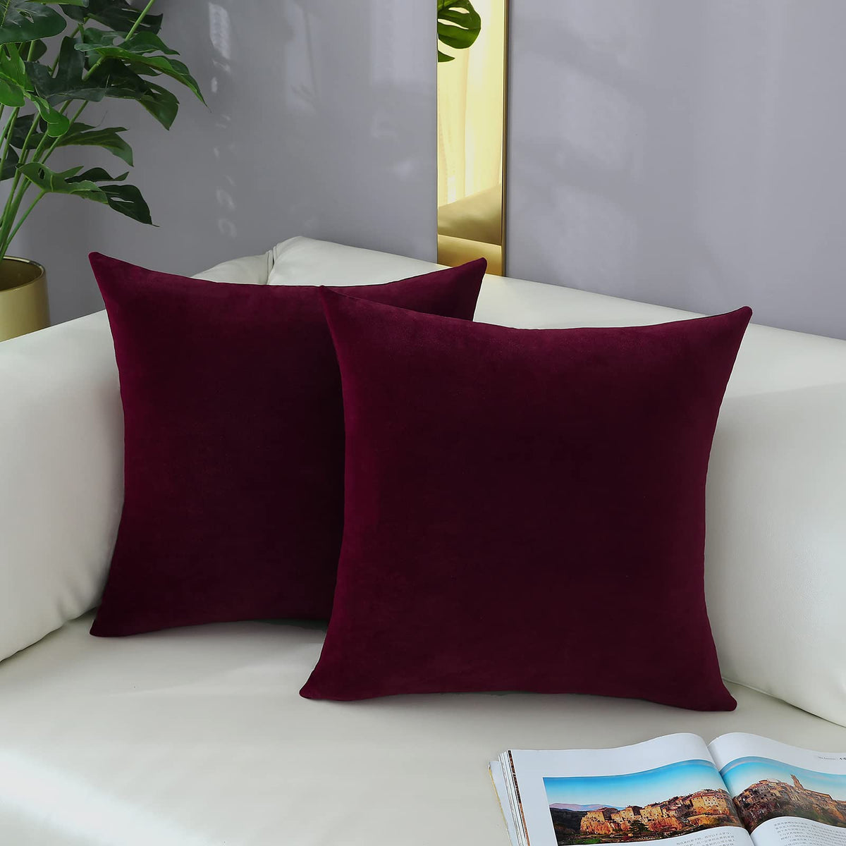 mixeoo Comfy Burgundy Red Throw Pillow Covers Decorative Square Solid Thick Velvet Super Soft Cushion Cases Home Decor for Sofa Couch Living Room Chair, Set of 2, 20 x 20 Inch