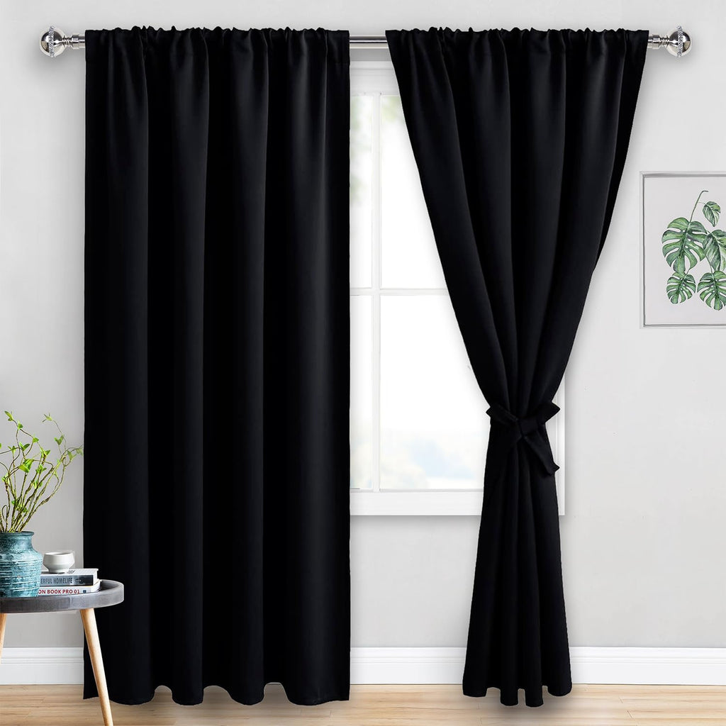 Jiuzhen Blackout Curtains For Bedroom - 60 Inch Extra Wide Thermal Insulated Room Darkening Privacy Soundproof Curtains For Living Room, Set Of 2 Panels With Tiebacks, 60 X 84 Inches, Black