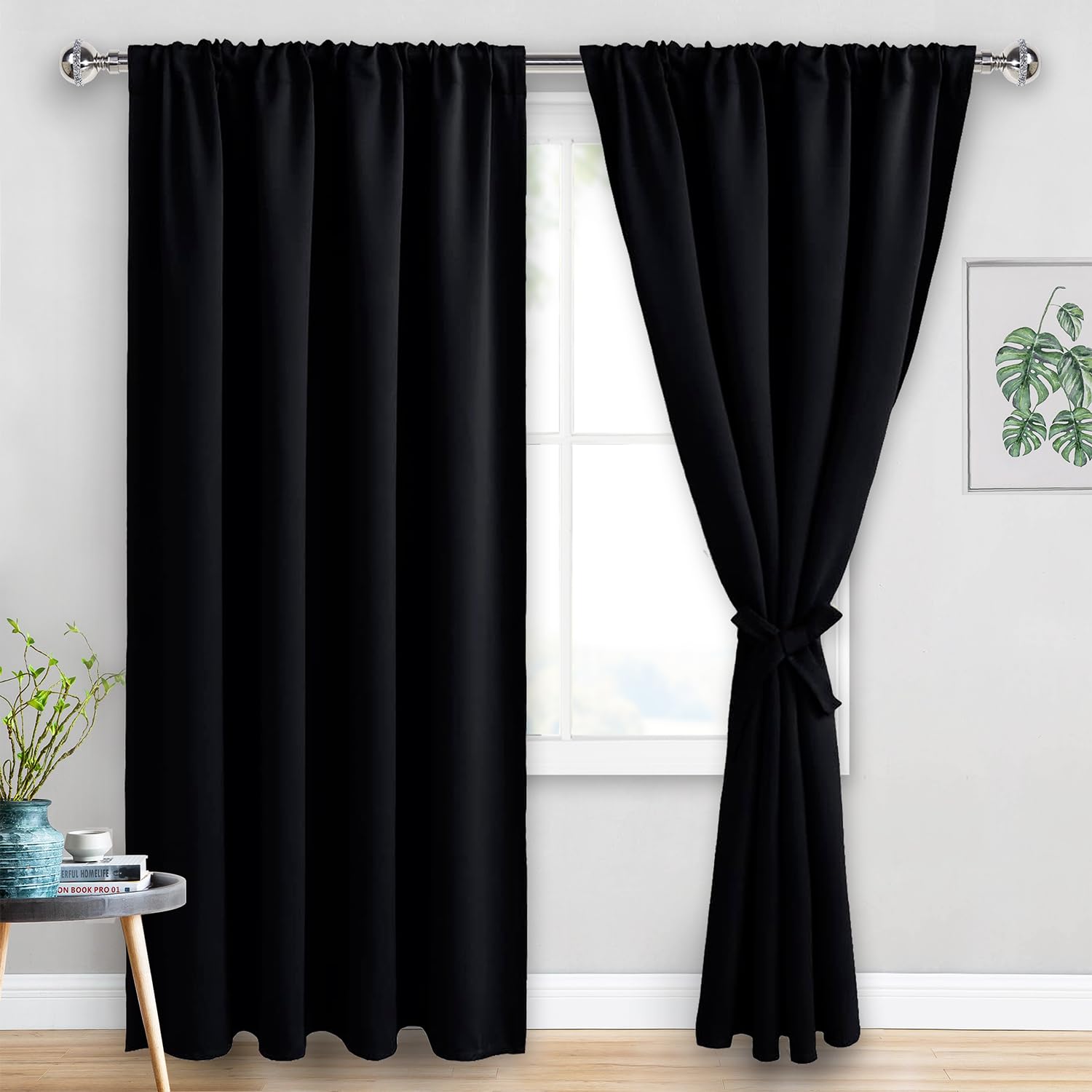 Jiuzhen Blackout Curtains For Bedroom - 60 Inch Extra Wide Thermal Insulated Room Darkening Privacy Soundproof Curtains For Living Room, Set Of 2 Panels With Tiebacks, 60 X 84 Inches, Black