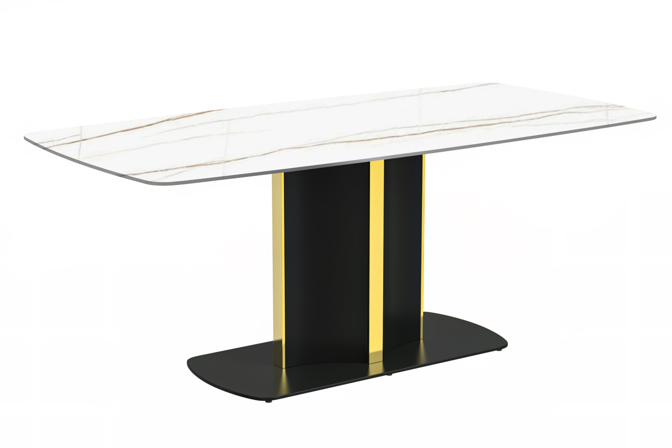 Modern Dining Table Black and Gold Base, With 55 White/Gold Sintered Stone Top