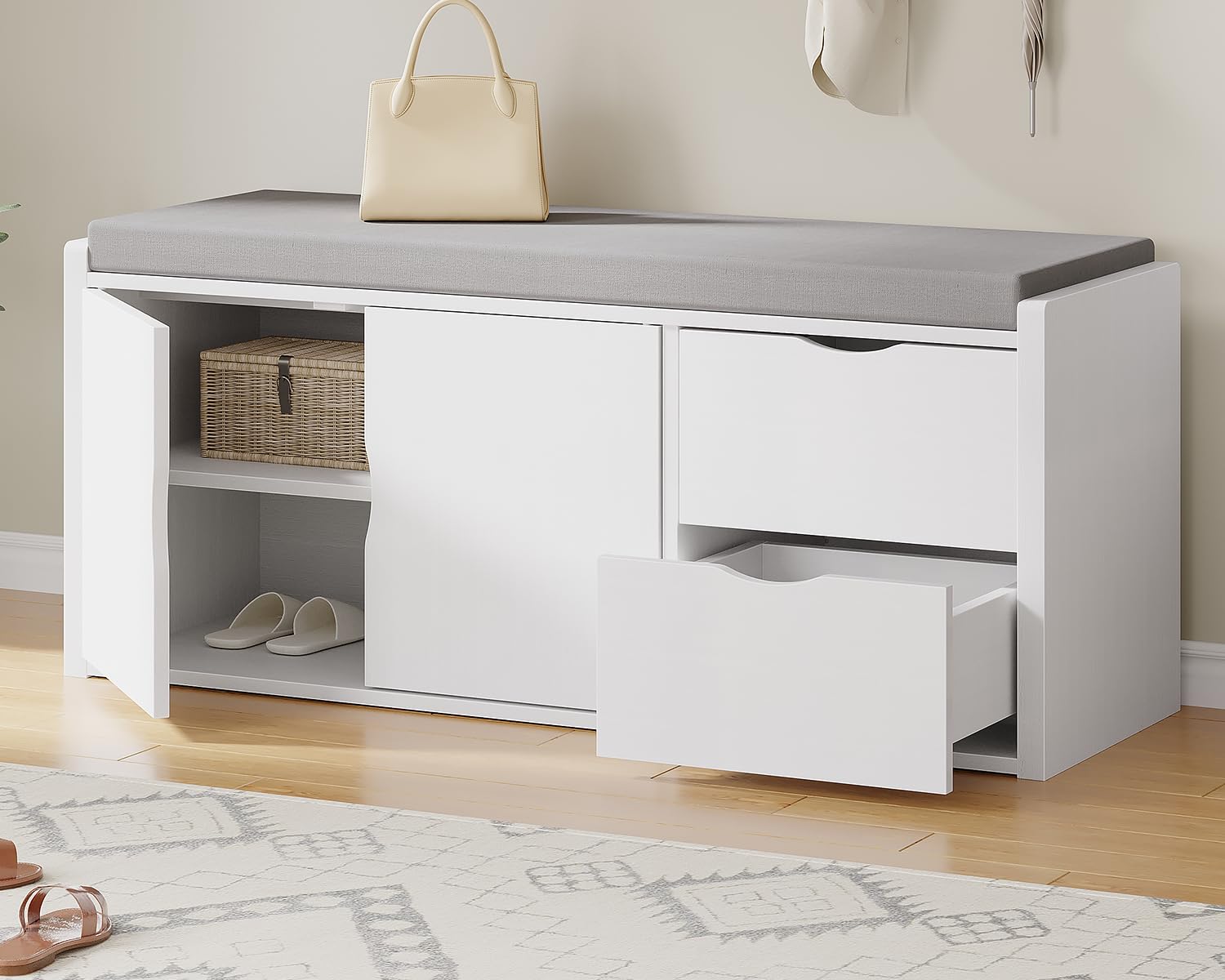 LVB Storage Entryway Bench, Long Shoe Bench with Drawers Storage Shelf, Modern Entry Way Bench with Padded Cushioned Seating, Wo