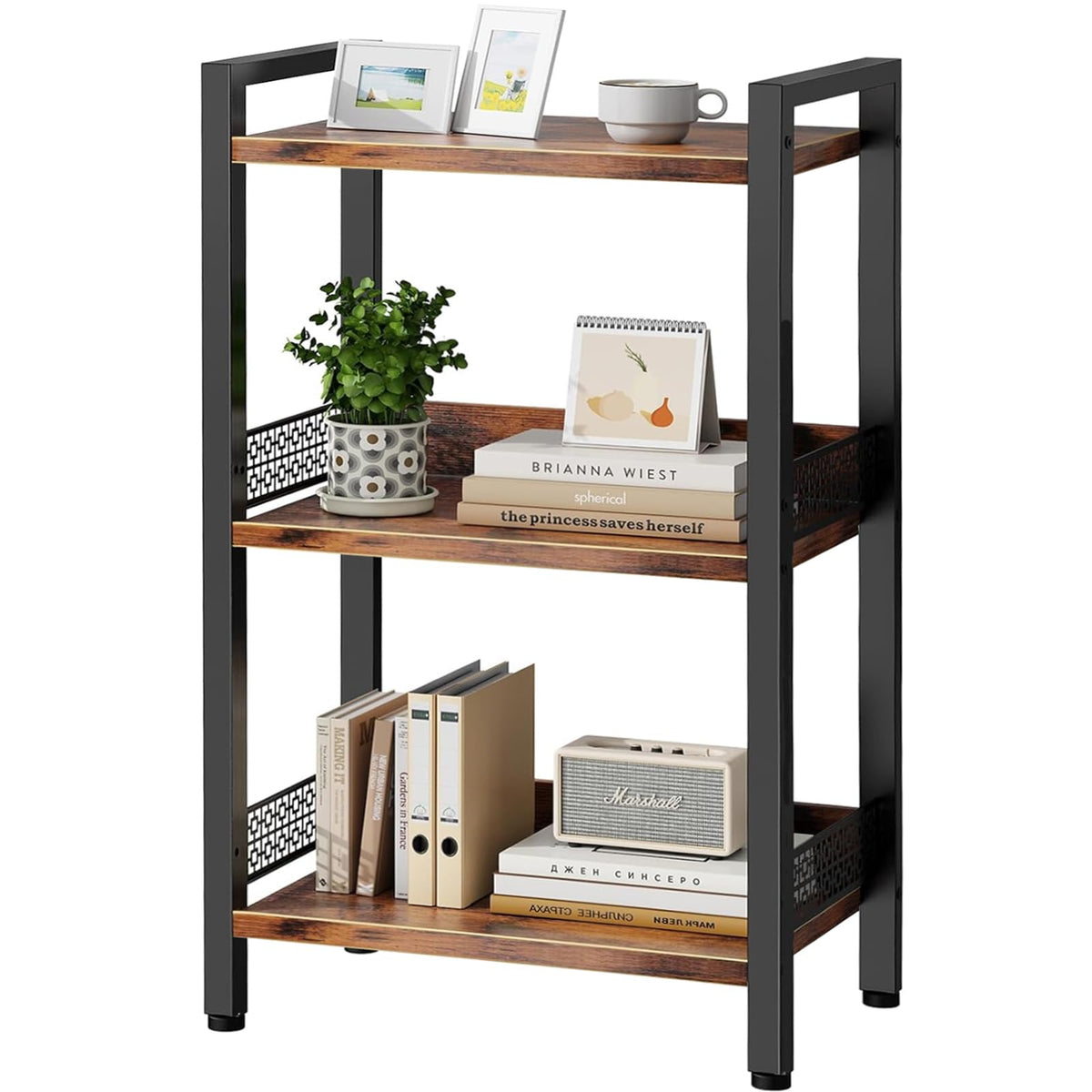Tensirock 3Tier Book Shelf, Bookcase with a Back Panel, Storage Shelves for Bedroom, Living Room & Home Storage (Brown Black)