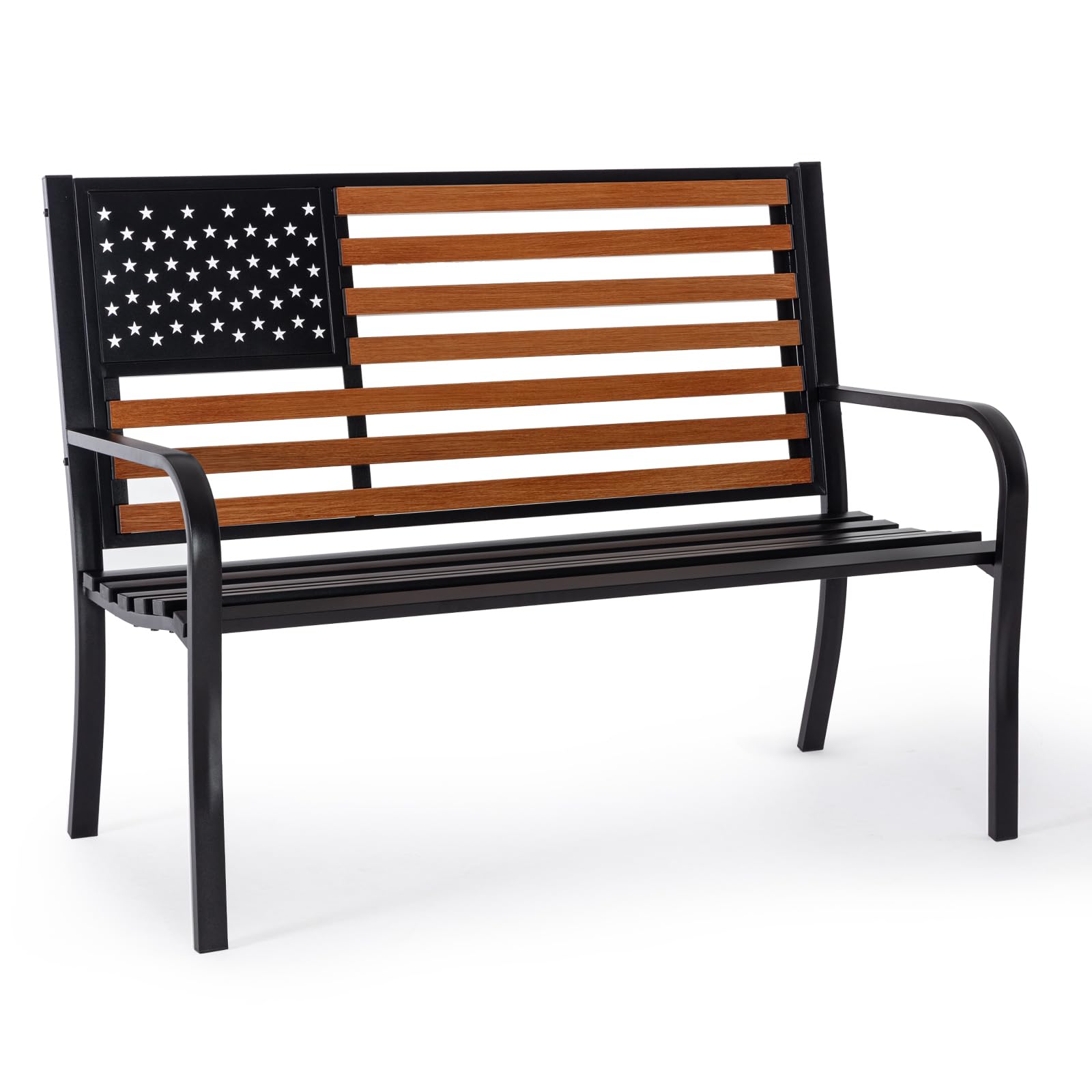 ?????????????????????? 50    Outdor Bench Garden Bench With American Flag Style, Sturdy Cast Iron Metal Frame Patio Park Bench F