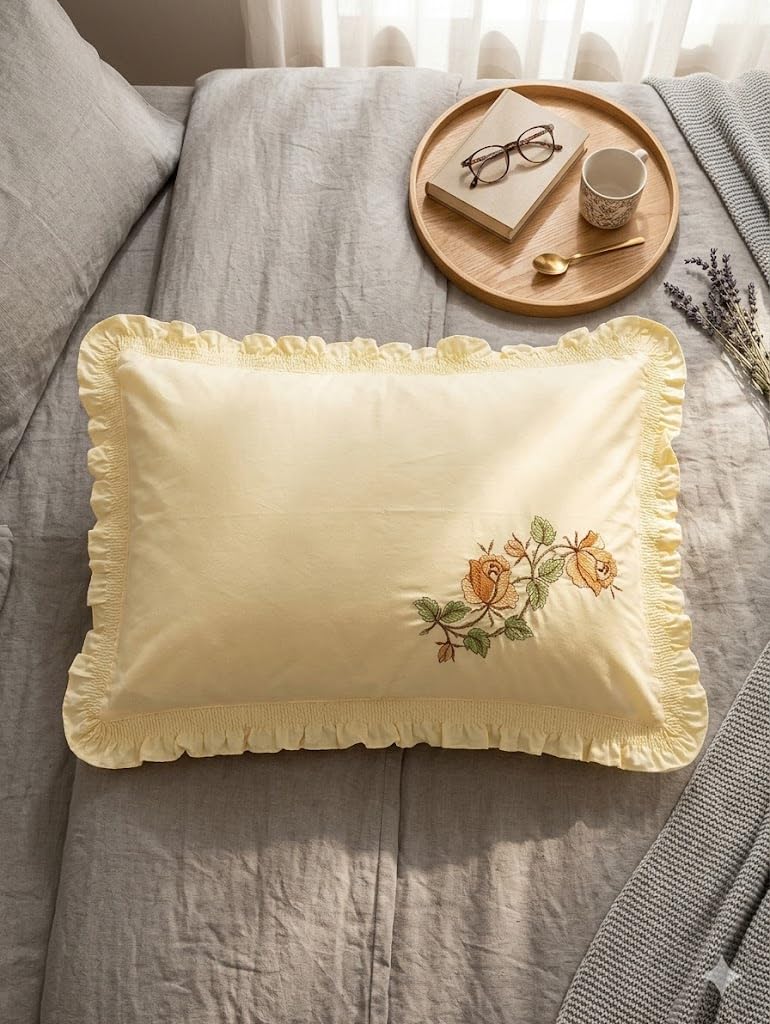 CasaNest Botanical Wave Embroidery Cushion Cover With Ruffled Edge Size17X27 Inch (Multi 9) Pack Of 2 Pc