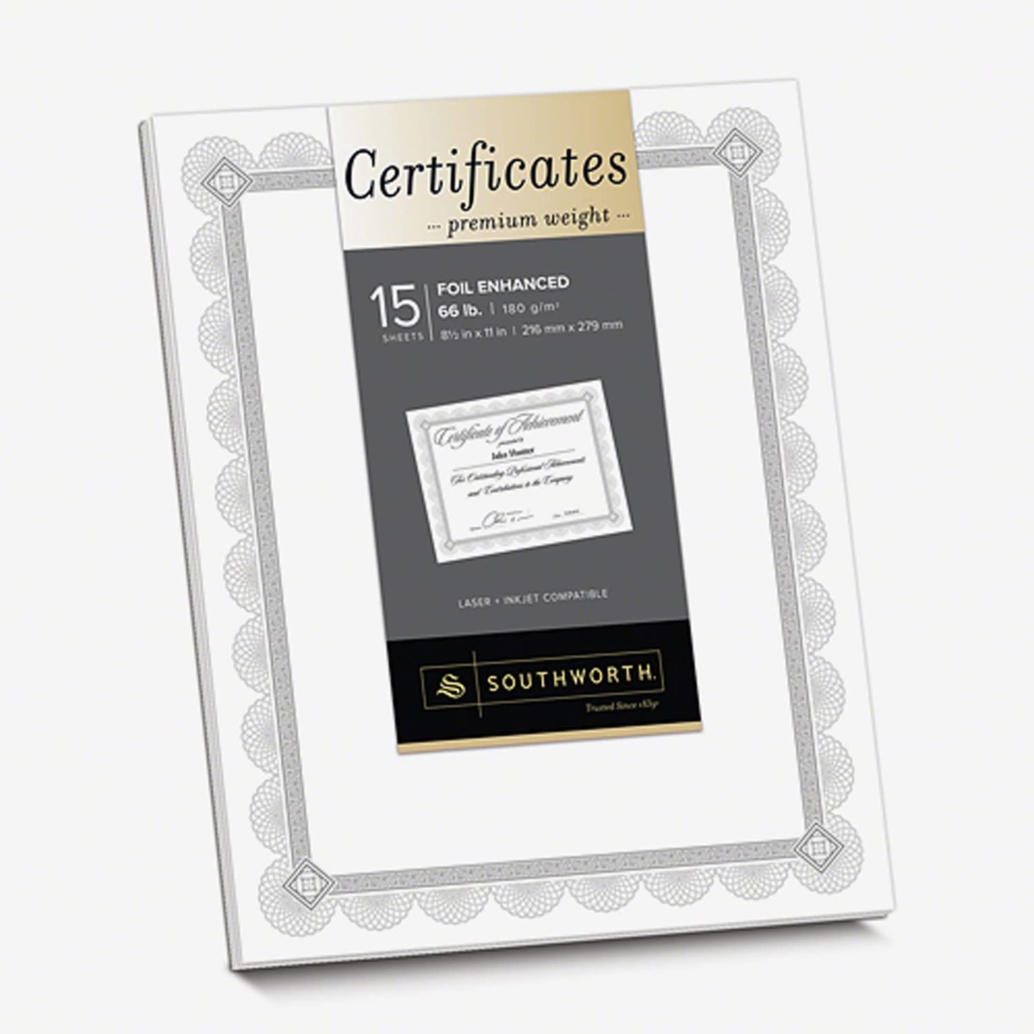Southworth Premium-Weight Foil Certificates, 8 1/2' X 11', White/Silver Foil Spiro, Pack Of 15