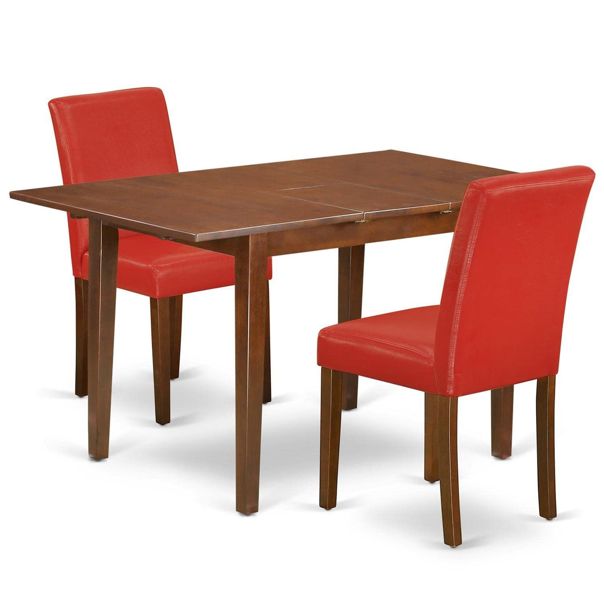 East West Furniture Mlab3-Mah-72 3 Piece Kitchen Table Set Contains A Rectangle Dining Room Table With Butterfly Leaf And 2 Firebrick Red Faux Leather Parsons Chairs, 36X54 Inch, Mahogany
