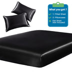 Siinvdabzx 3-Piece Set Satin Full Fitted Sheet & 2 Pillowcase, Black Silky Soft Fitted Bottom Sheet, Wrinkle Free, Fade Resistan