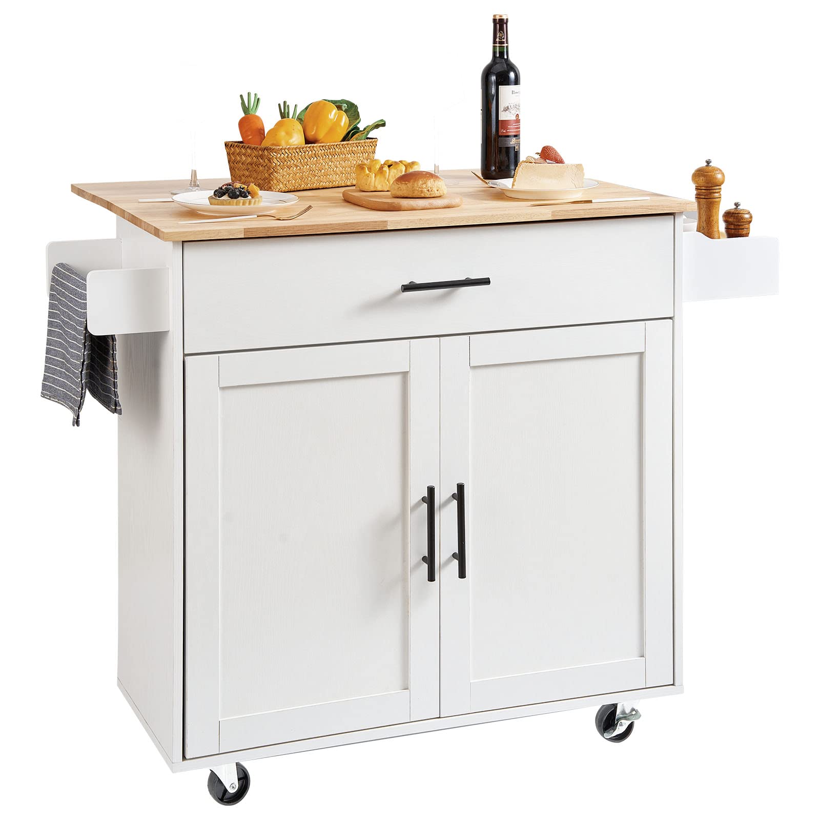 VEVOR Kitchen Island Cart with Solid Wood Top, 35.4 Width Mobile Carts with Storage Cabinet, Rolling Kitchen Table with Spice Ra
