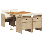 vidaXL 5-Piece Patio Dining Set with Cushions, Beige Poly Rattan, Durable Acacia Wood Tabletop, Foldable Chairs, Comfortable Outdoor Furniture, Garden/Backyard/Patio Use