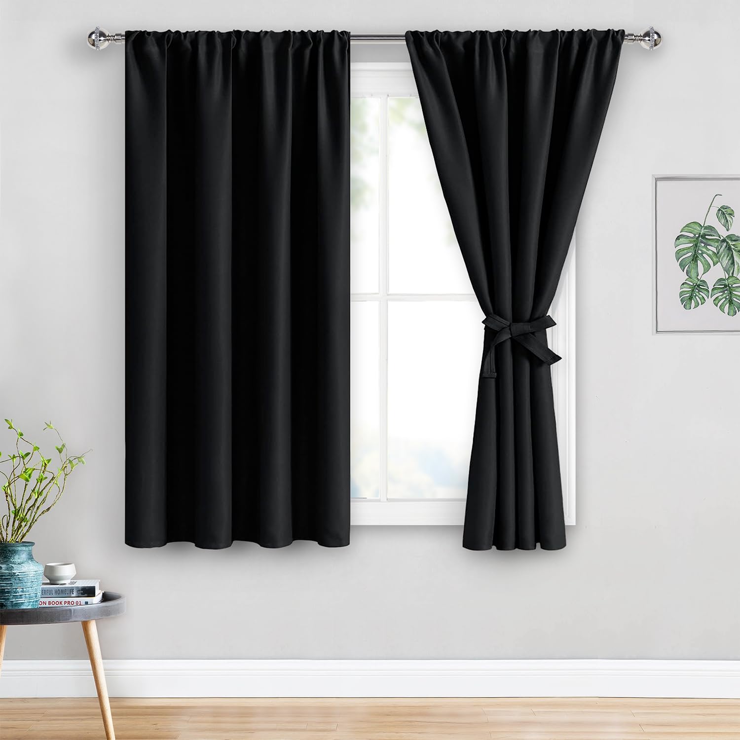 Jiuzhen Blackout Curtains For Bedroom - Thermal Insulated Room Darkening Noise Reducing, 52 X 54 Inch Length Curtains For Living Room, Set Of 2 Panels With Tiebacks, Black