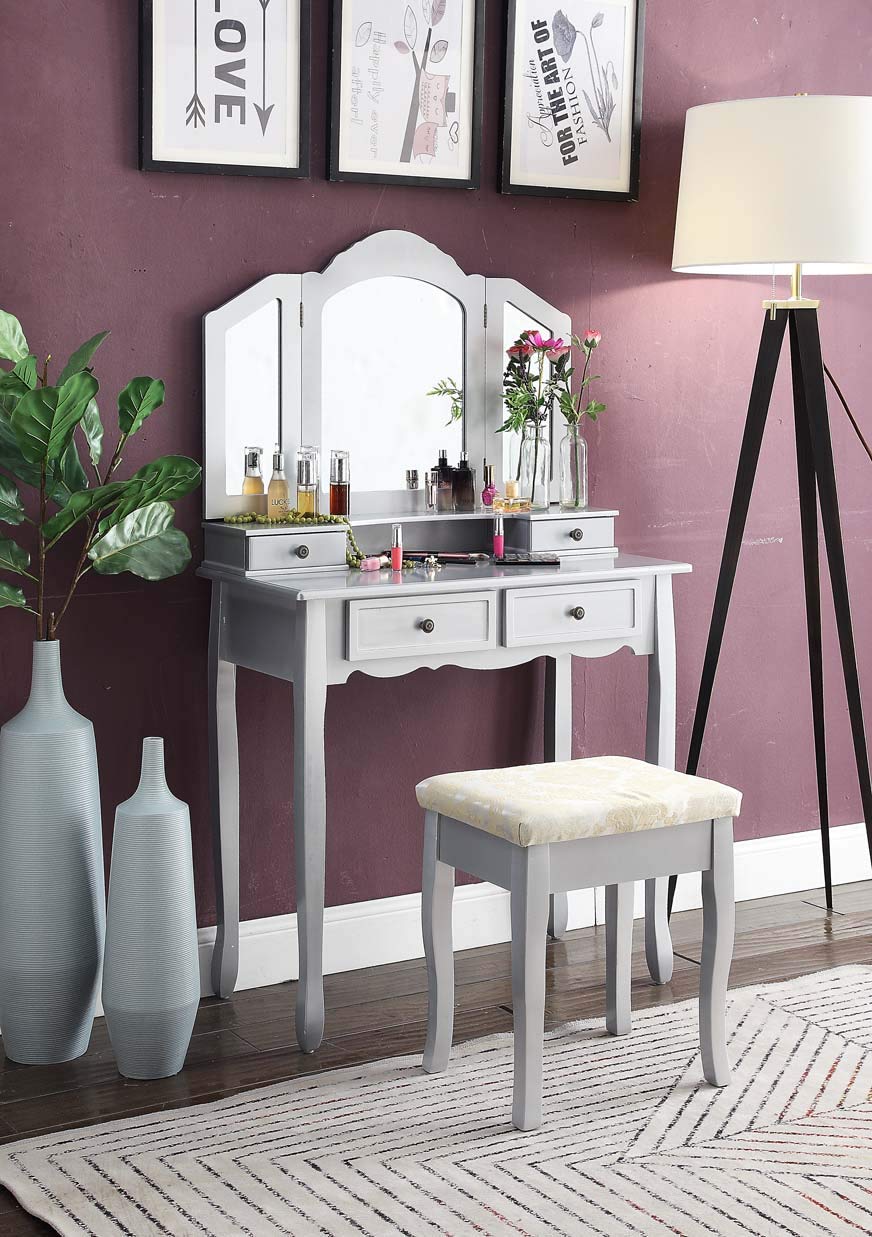 Sanlo Wooden Vanity Make Up Table And Stool Set, Silver