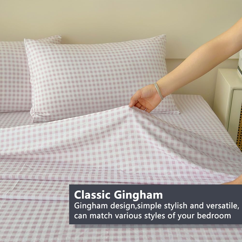 Nsnlgsgc Pink Gingham Queen Sheet Set, Soft Brushed Microfiber Plaid Queen Bed Sheets, 4-Pieces Grid Sheet Set With Deep Pocket