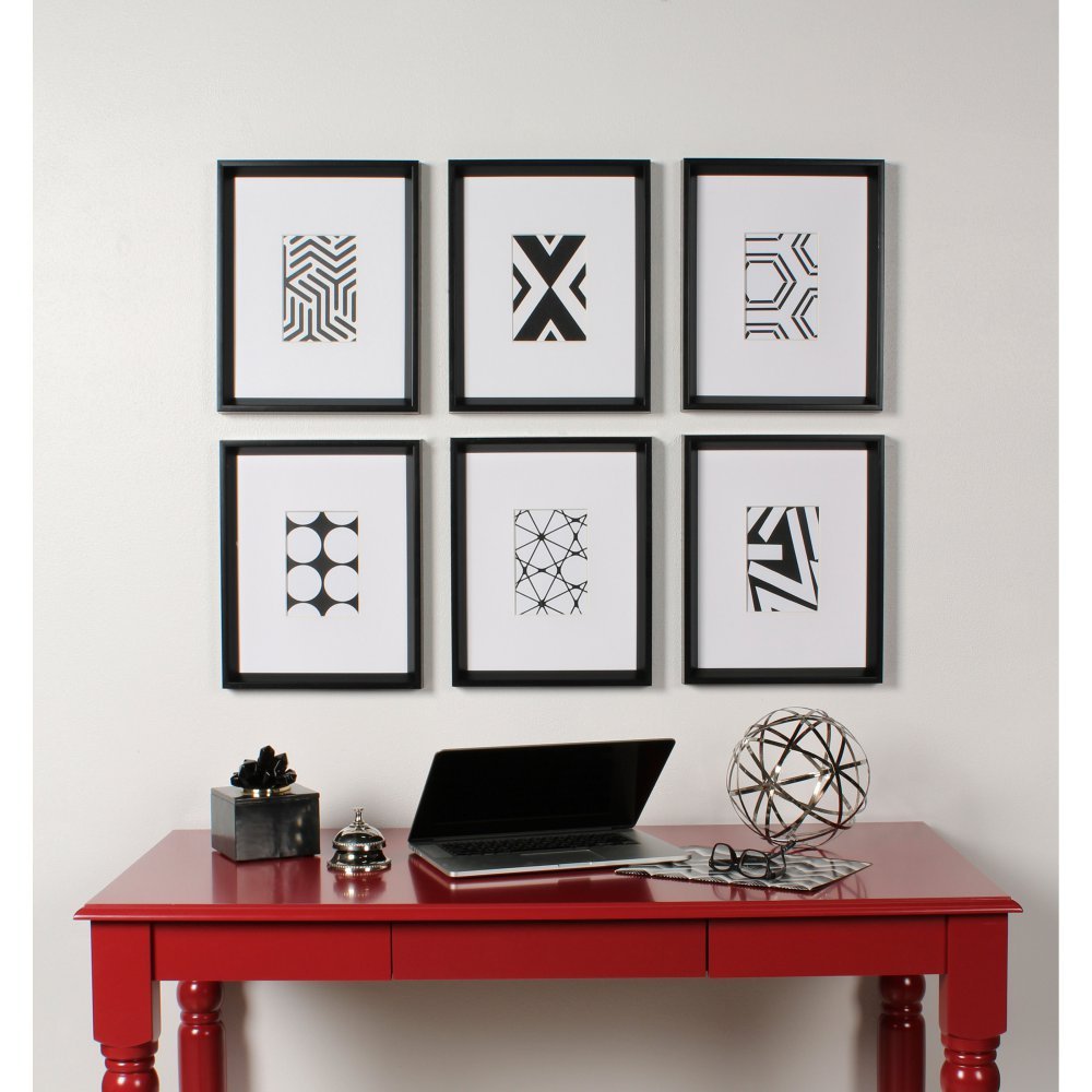 Kate and Laurel Calter 6 Framed Modern Black and White Geometric Abstract Art Prints, Black
