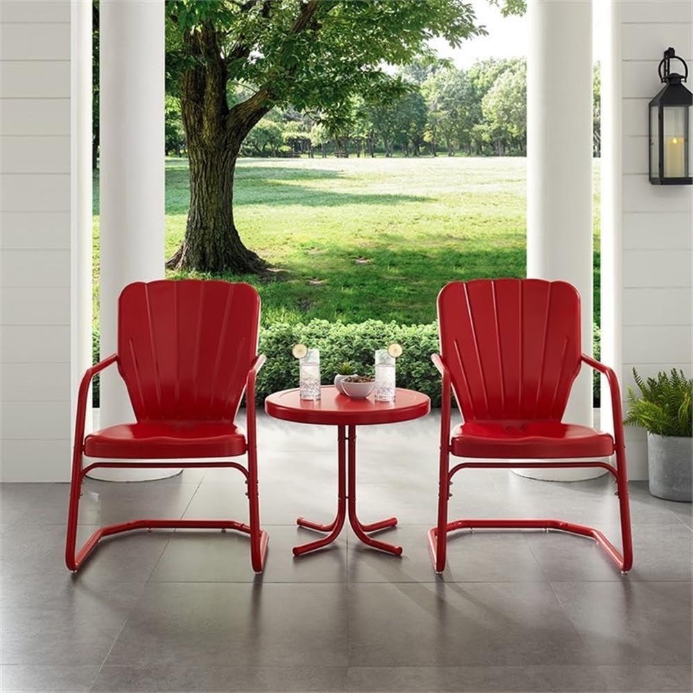 Crosley Furniture Ridgeland 3-Piece Outdoor Chair and Side Table Set, Retro Metal Bistro Patio Sets for Deck, Red