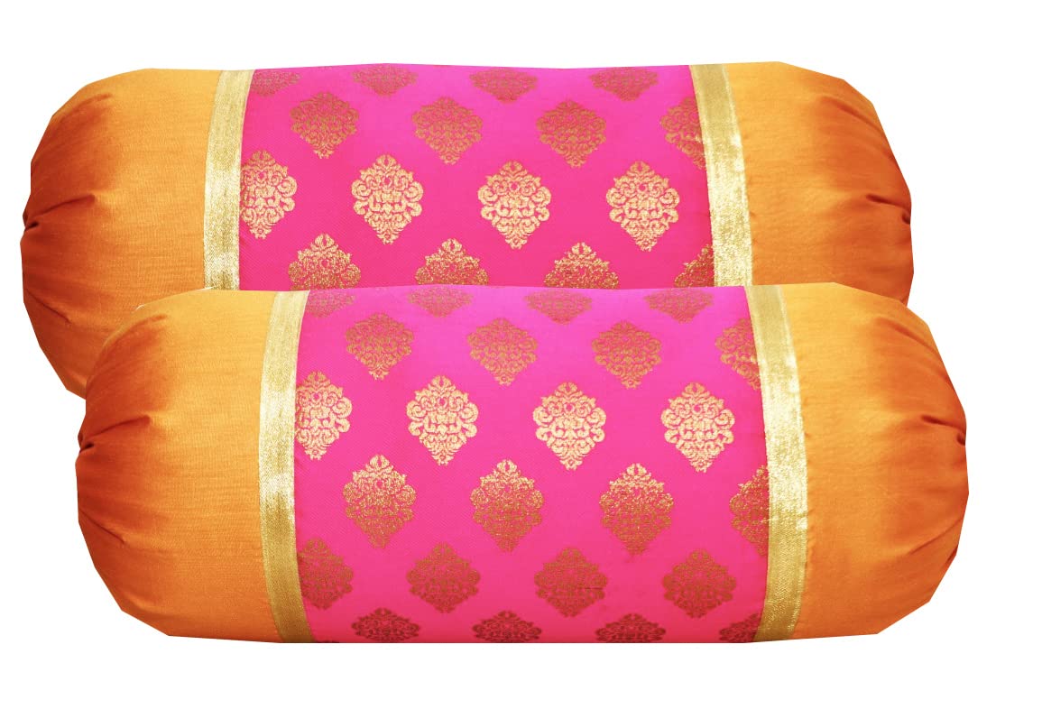 Pink Parrot Jacquard Silk 16X30 Inch Bolster Covers  Set Of 2Code904
